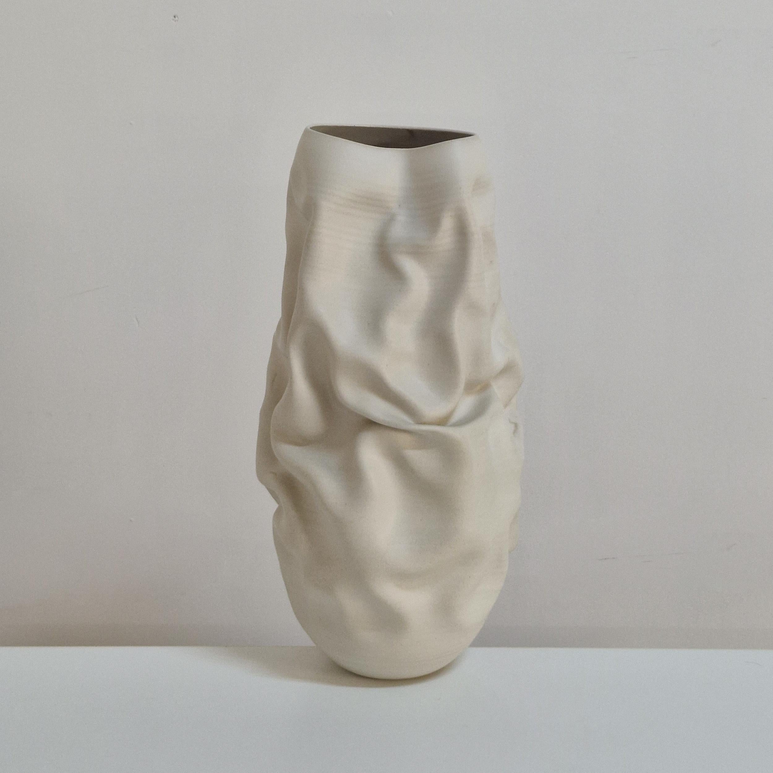 No. 163 White Crumpled Form Vessel, Unique Ceramic Sculpture For Sale 1