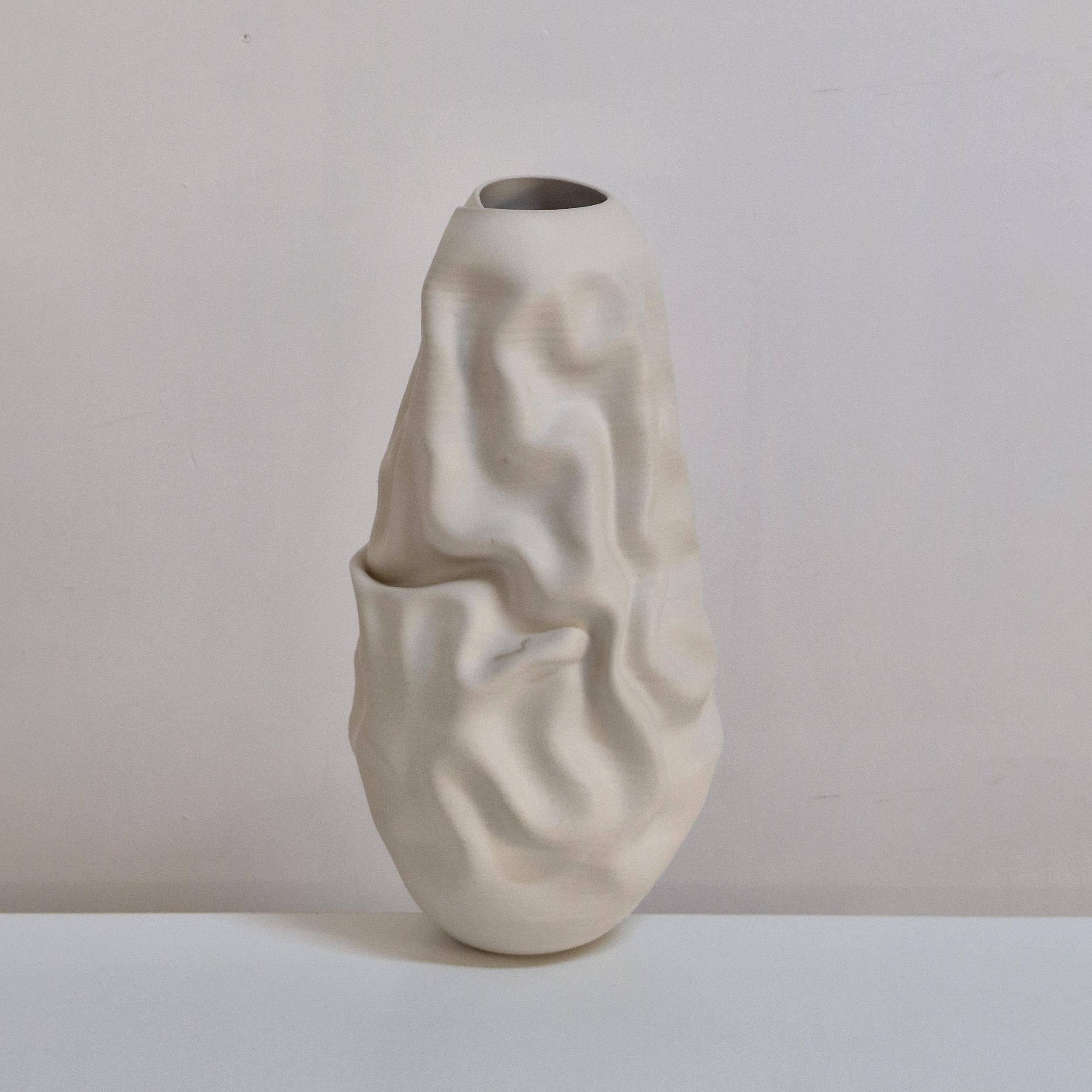 No. 163 White Crumpled Form Vessel, Unique Ceramic Sculpture For Sale 2
