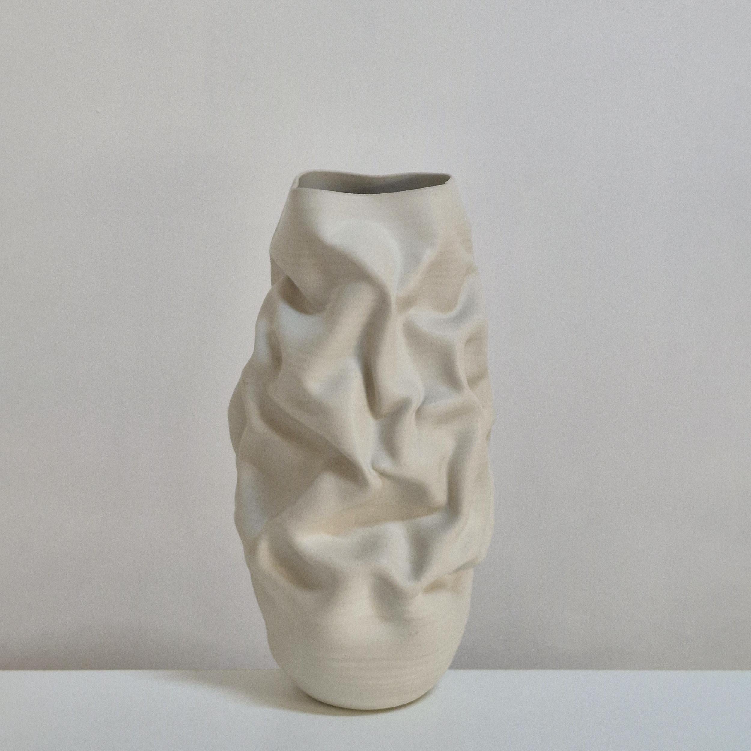 Organic Modern No. 164 White Crumpled Form Ceramic Vessel, Unique Sculpture For Sale