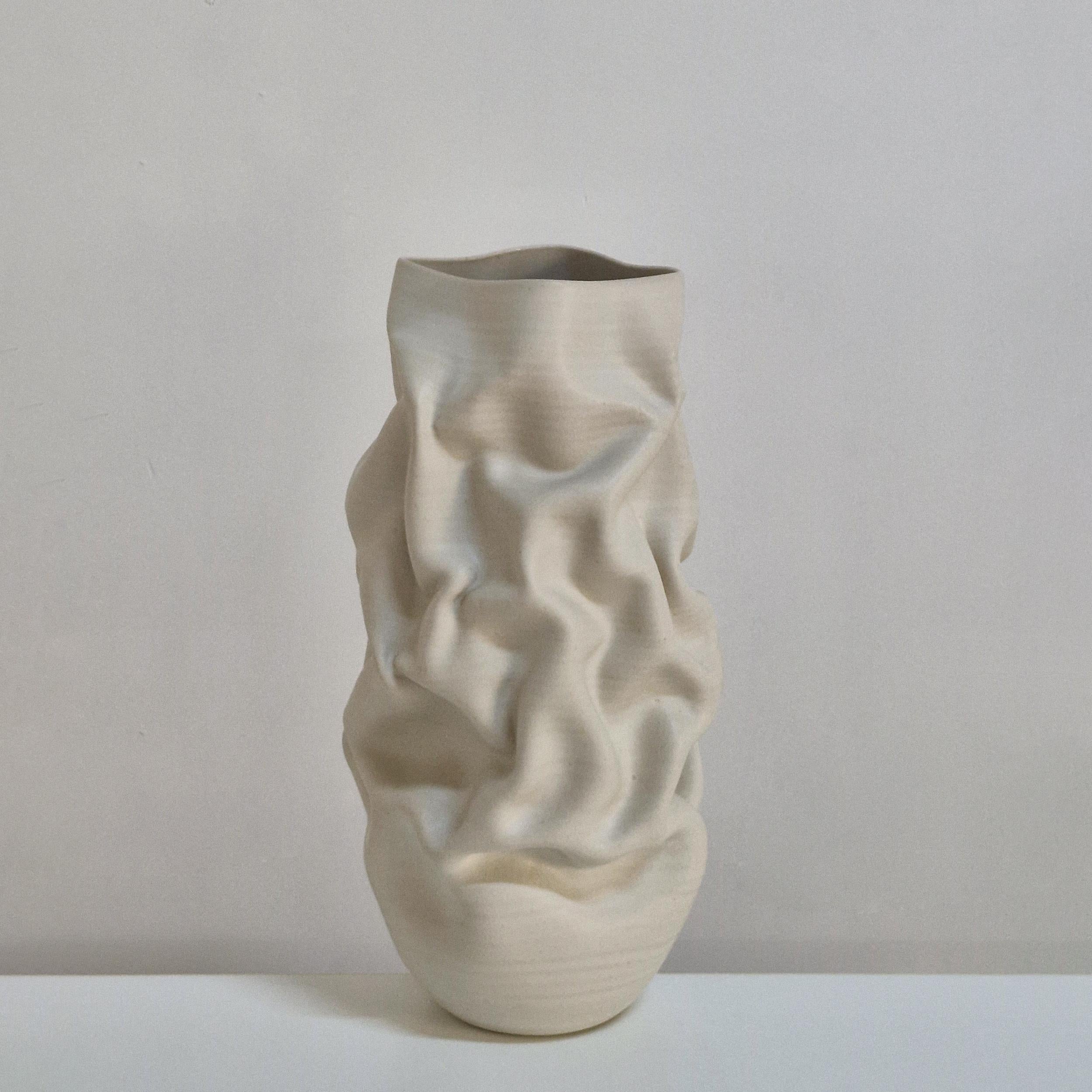 Spanish No. 164 White Crumpled Form Ceramic Vessel, Unique Sculpture For Sale
