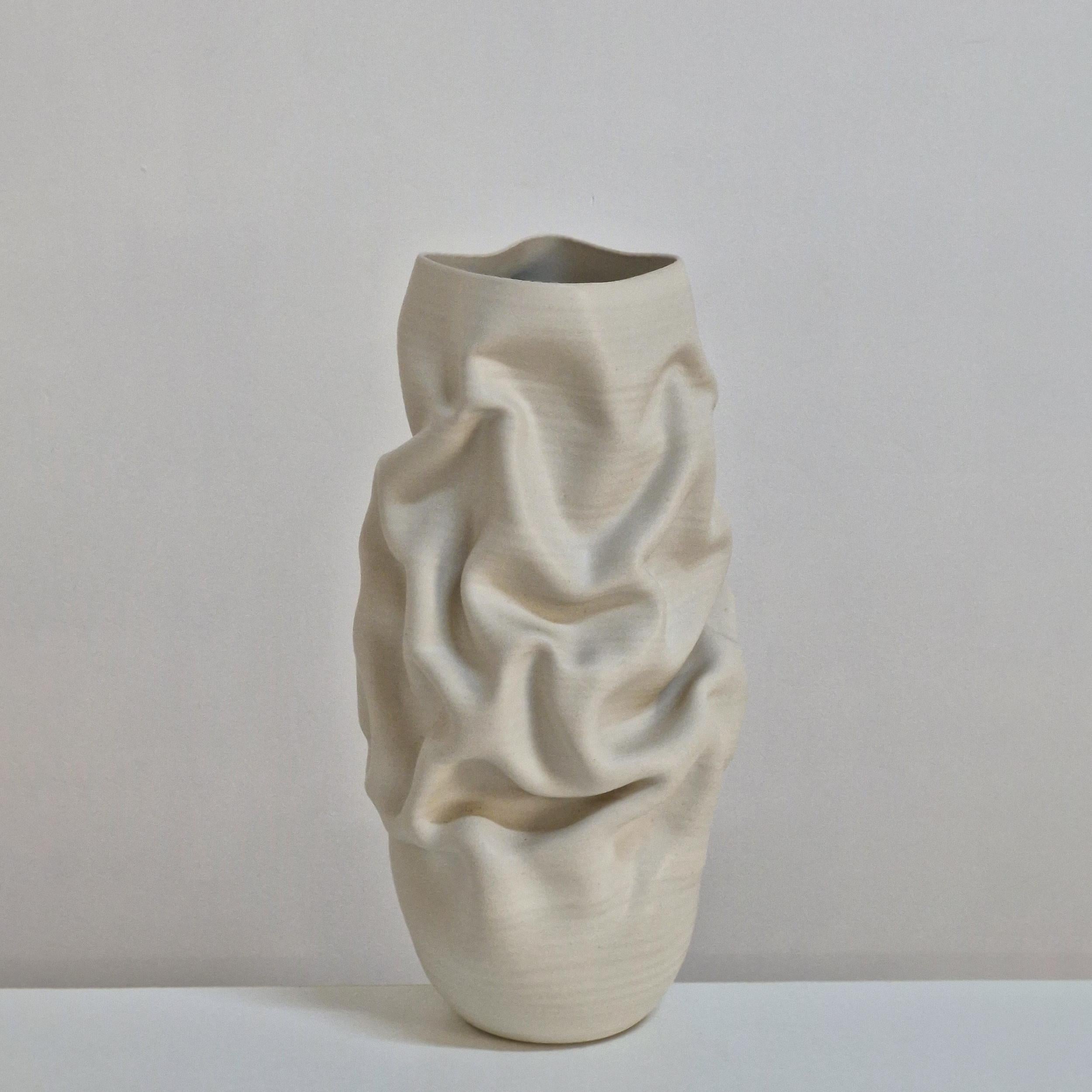 Contemporary No. 164 White Crumpled Form Ceramic Vessel, Unique Sculpture For Sale