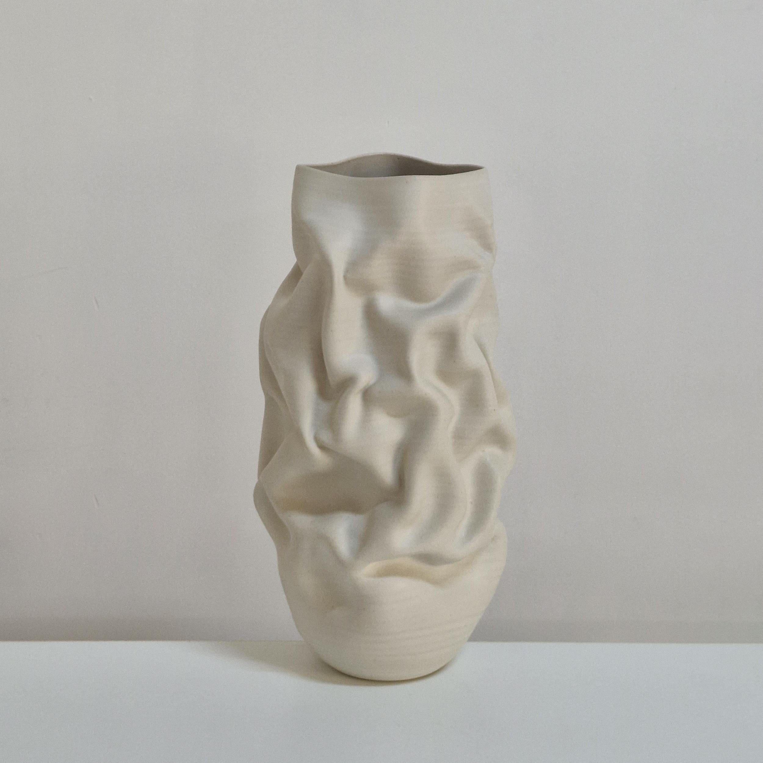 No. 164 White Crumpled Form Ceramic Vessel, Unique Sculpture For Sale 1