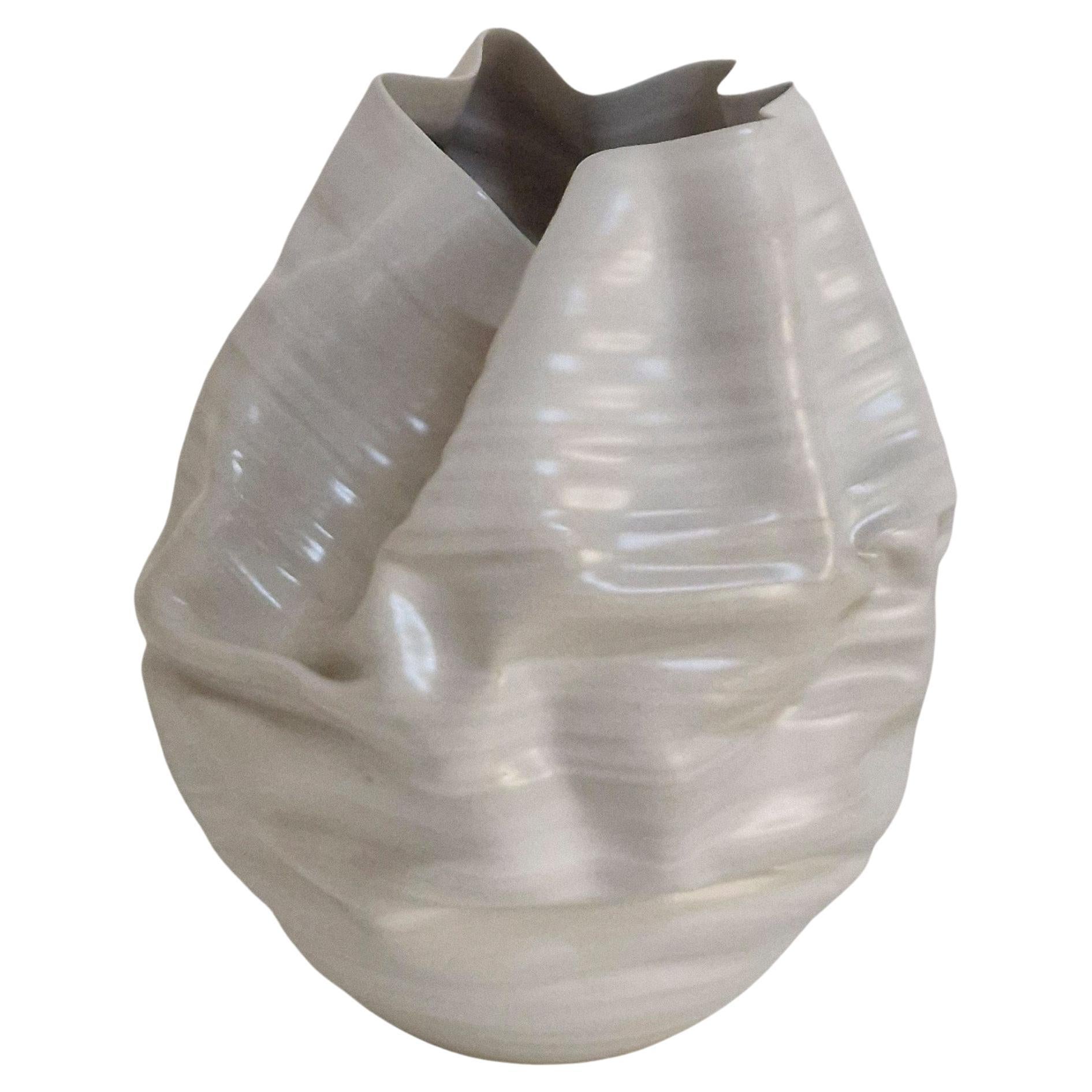 No. 165 White Crumpled Form Ceramic Vessel, Unique Sculpture