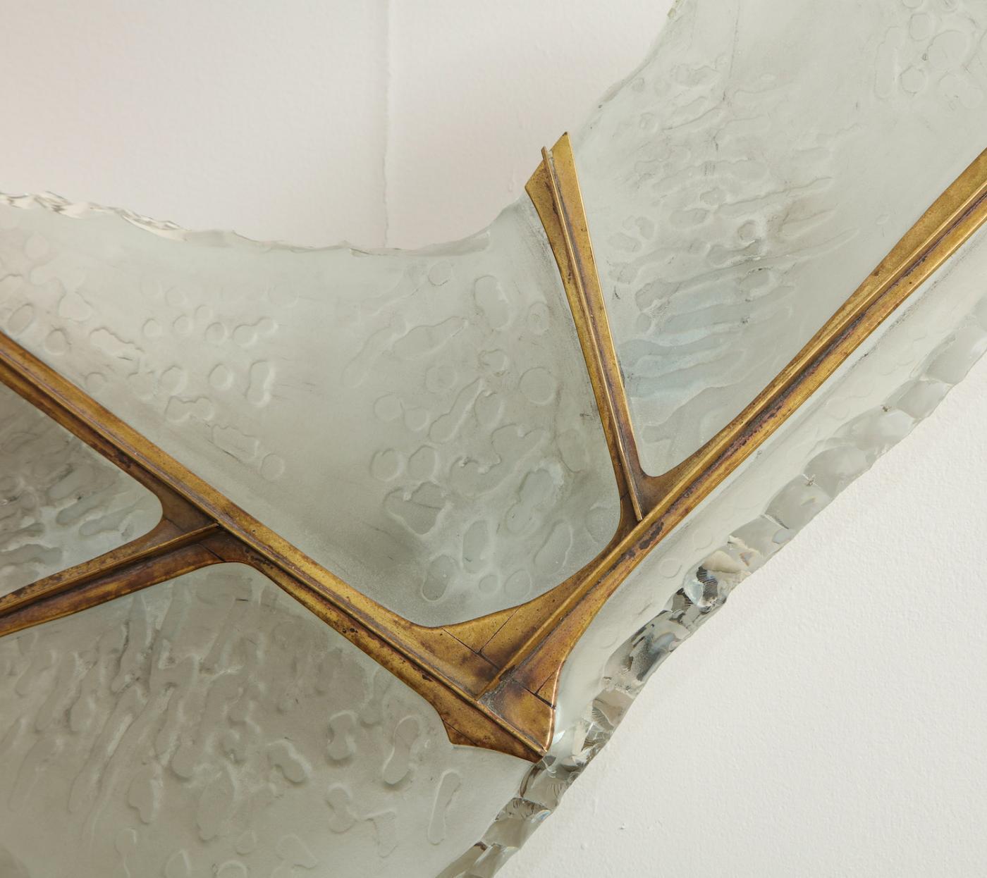 Acid-etched glass, brass & painted steel. Each sconce has 4 candelabra sockets. Very good vintage condition. Wear and oxidation to brass and painted metal elements. New wiring & sockets. 
Published: Fontana Arte 6. Manufacturer’s catalog, Pg. 91.