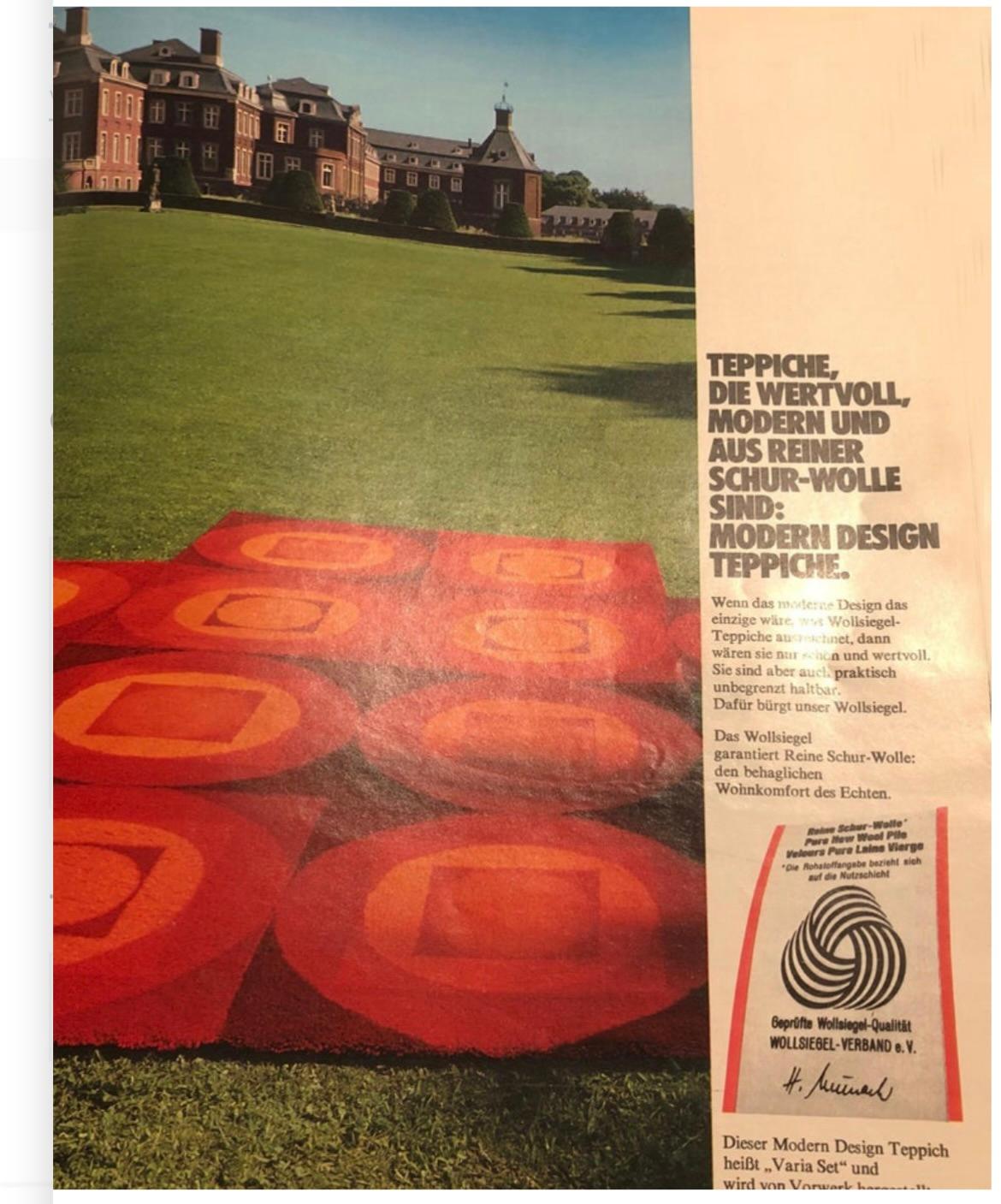 Allemand No 2 Varia Set 84x84cm Tapis mural par VERNER PANTON attrib pour Vorwerk Allemagne 1970 en vente