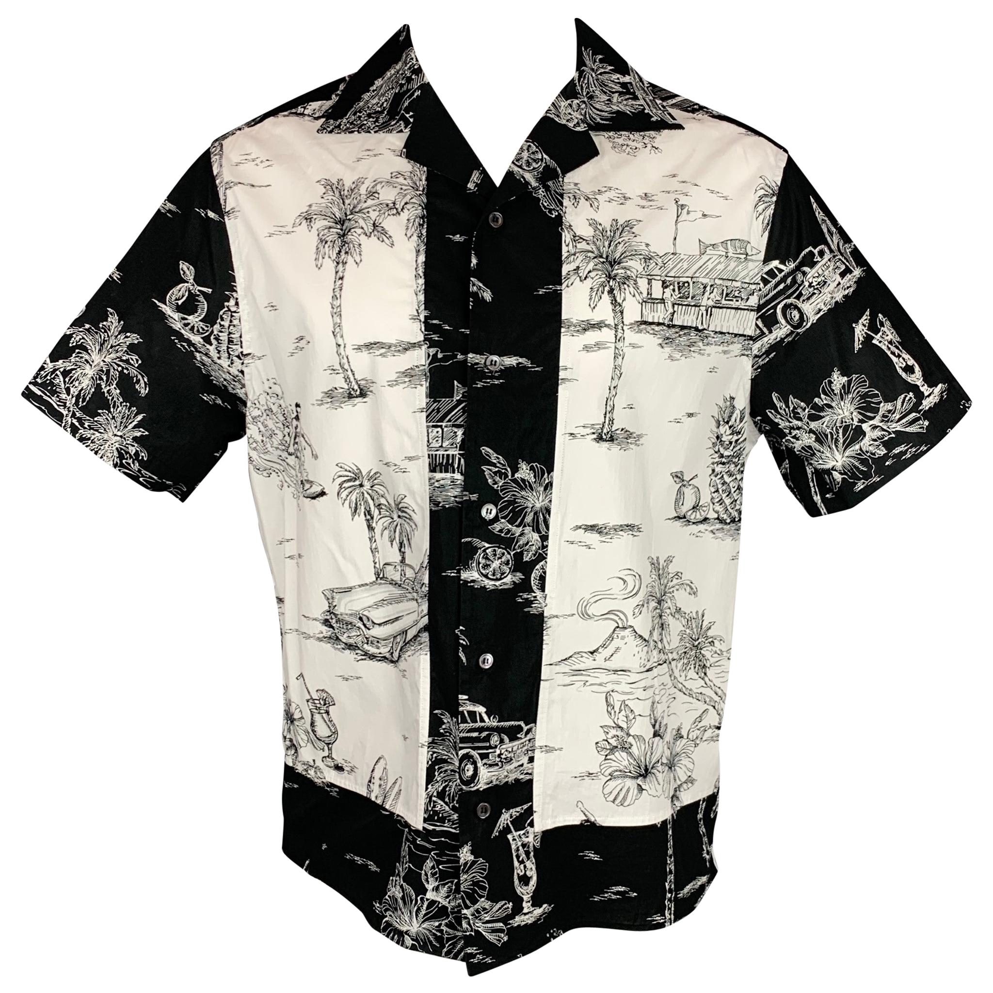 NO. 21 Size S White & Black Print Cotton Camp Short Sleeve Shirt
