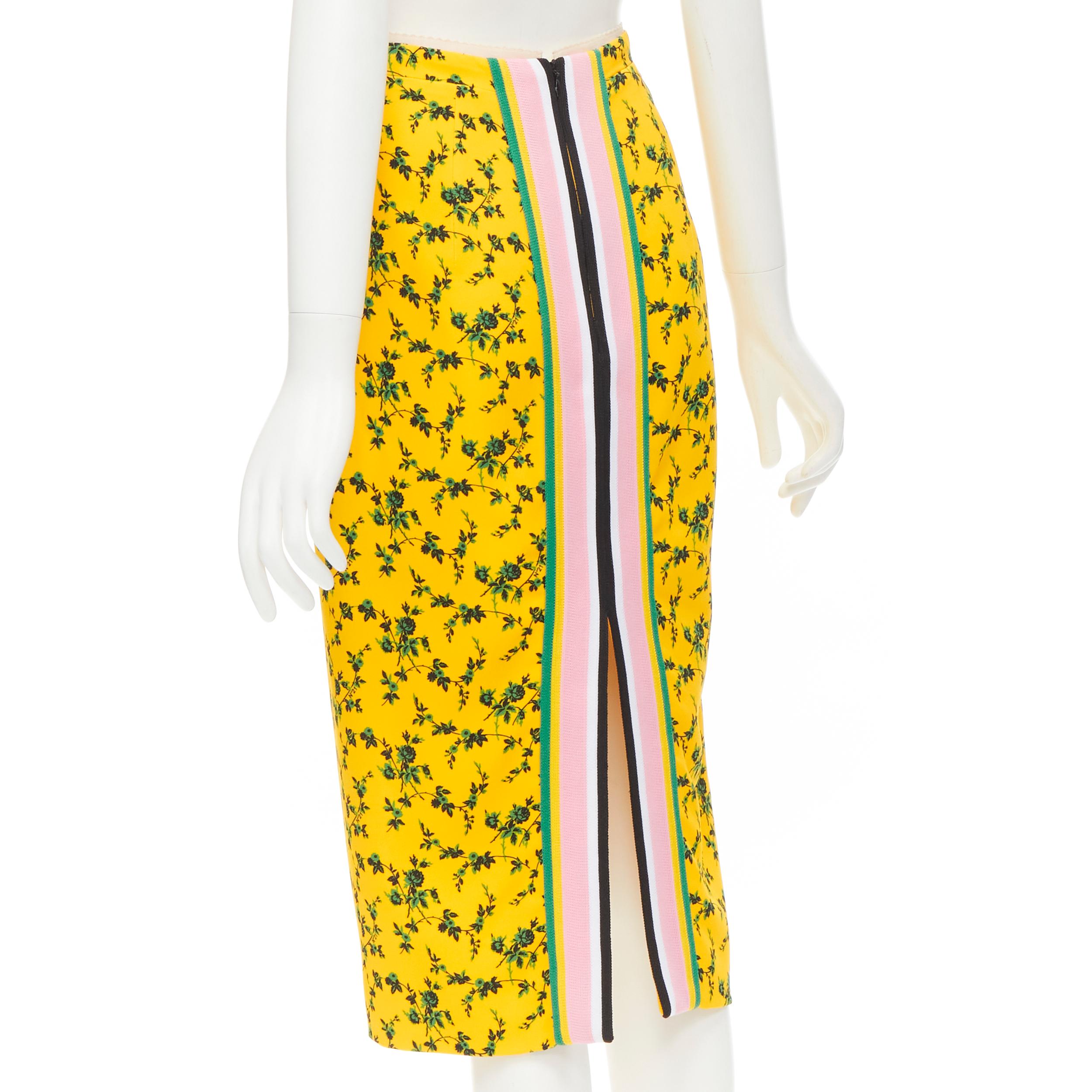 NO 21 yellow green leaf print contrast pink band pencil skirt IT38 XS 
Reference: LNKO/A01967 
Brand: No. 21 
Material: Viscose 
Color: Yellow 
Pattern: Floral 
Closure: Zip 
Extra Detail: Custom floral print for No 21 with logo printed on it. 
Made