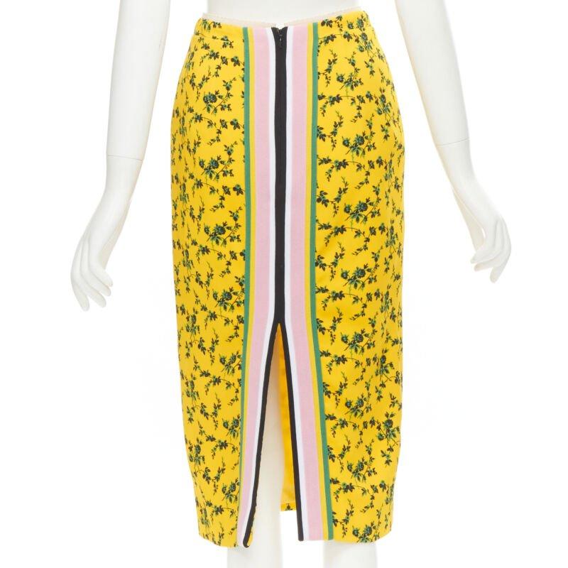 Women's NO 21 yellow green leaf print contrast pink band pencil skirt IT38 XS For Sale