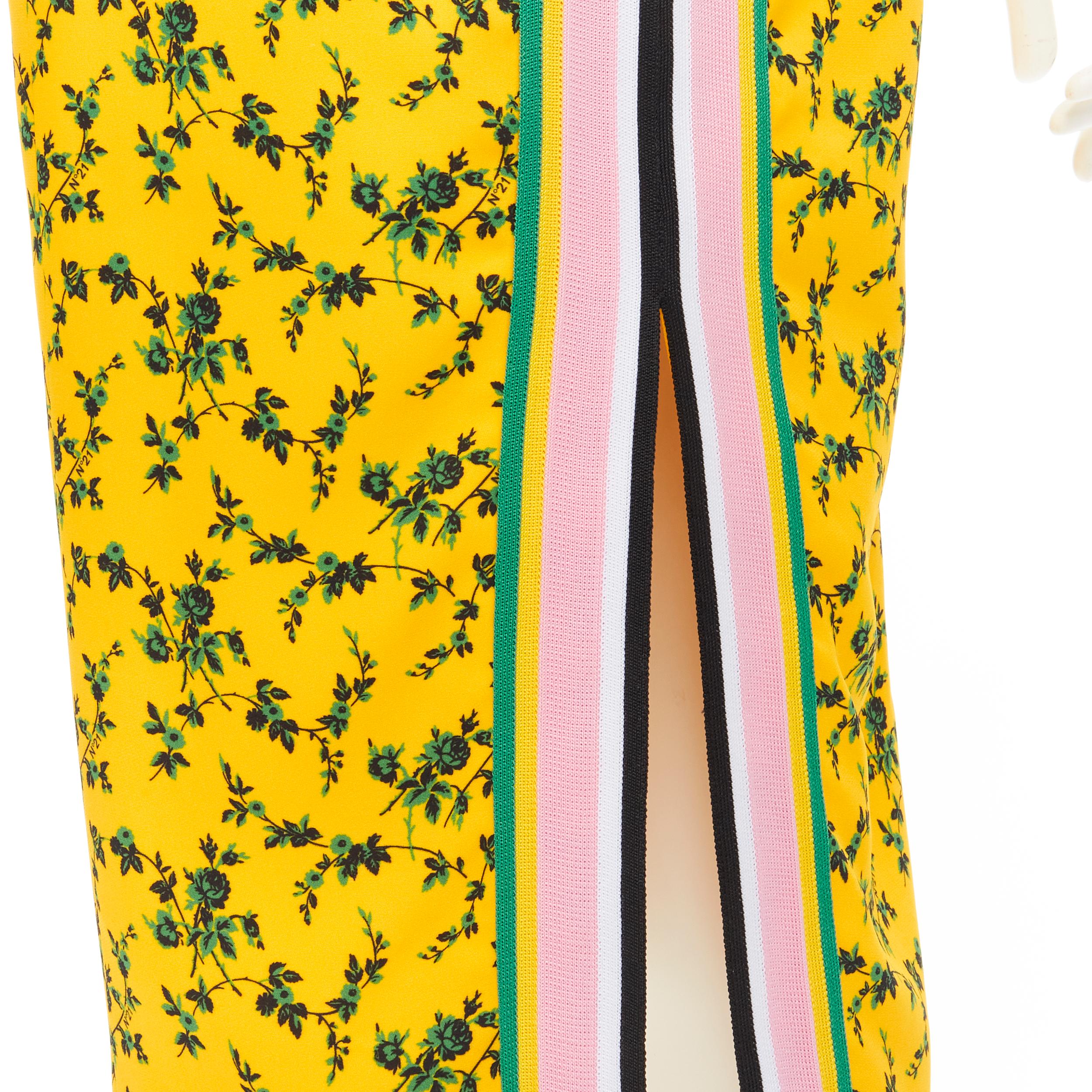 NO 21 yellow green leaf print contrast pink band pencil skirt IT38 XS In Excellent Condition For Sale In Hong Kong, NT