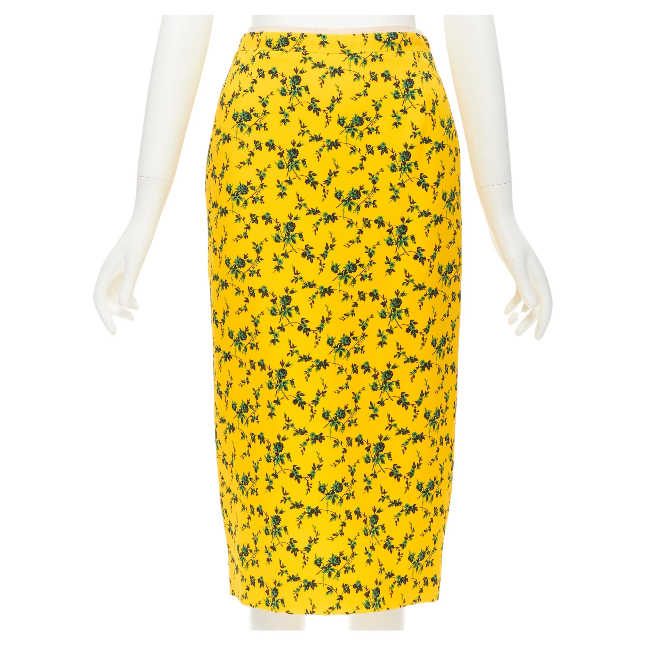 NO 21 yellow green leaf print contrast pink band pencil skirt IT38 XS For Sale