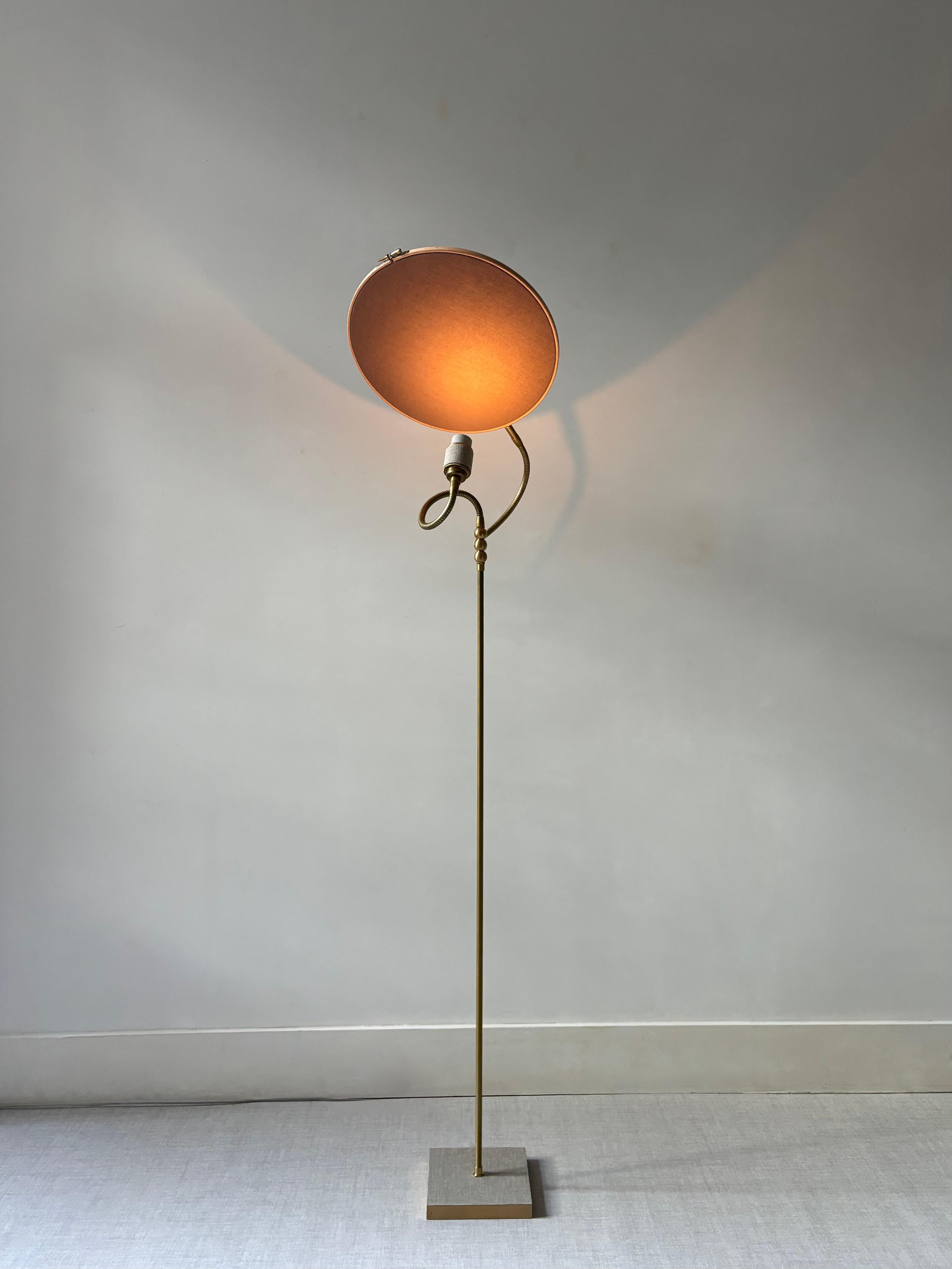No. 34 Floor Lamp by Sander Bottinga
Dimensions: D 30 cm x W 40 cm x H 140 cm
Materials: brass, wood, stone color painted linen, viscose, cotton, leather.

Circle available in 31, 26, or 21 cm.
Available with 2 circles or 1 circle.
Also available in