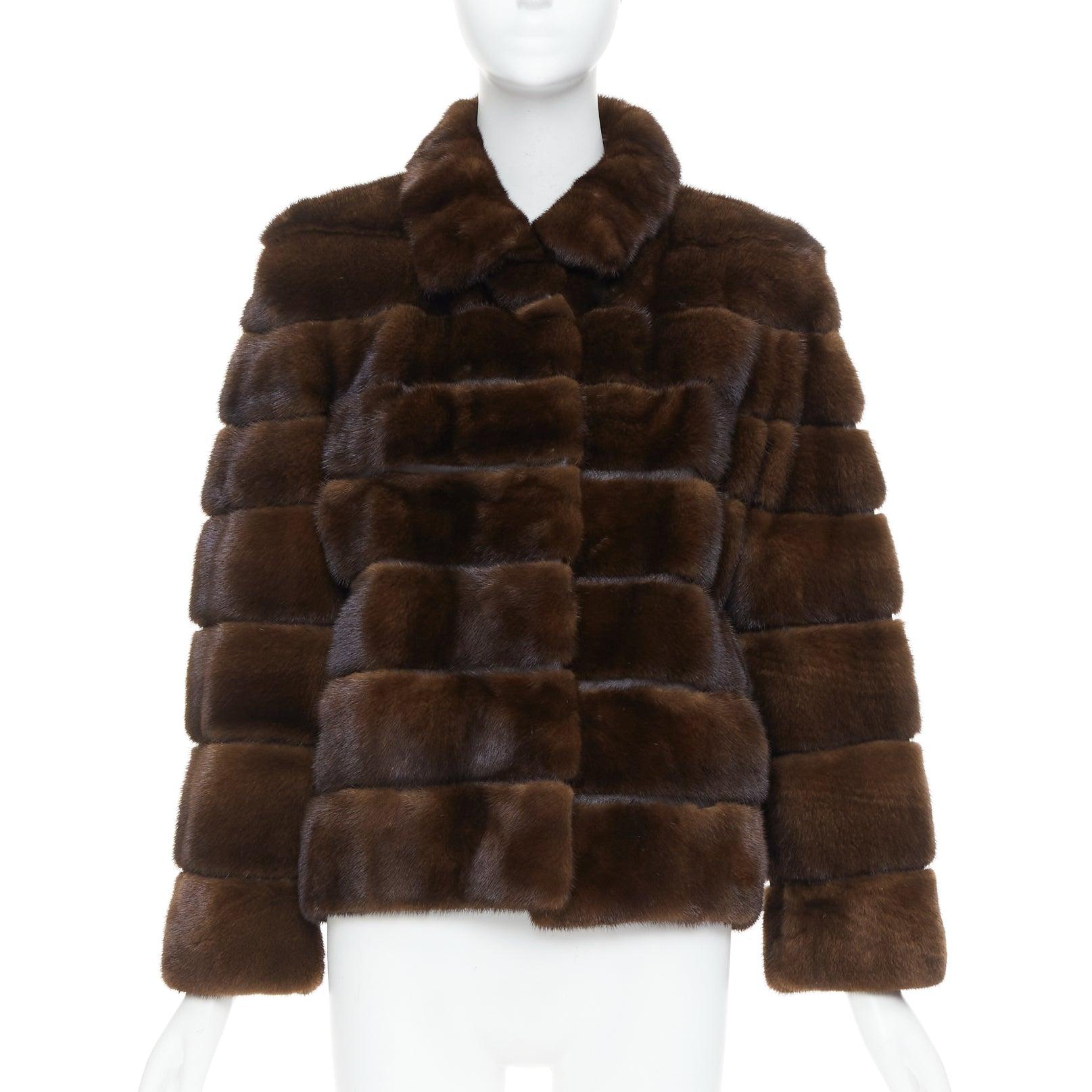 Black NO BRAND brown authentic tiered rare fur collared pocketed jacket For Sale