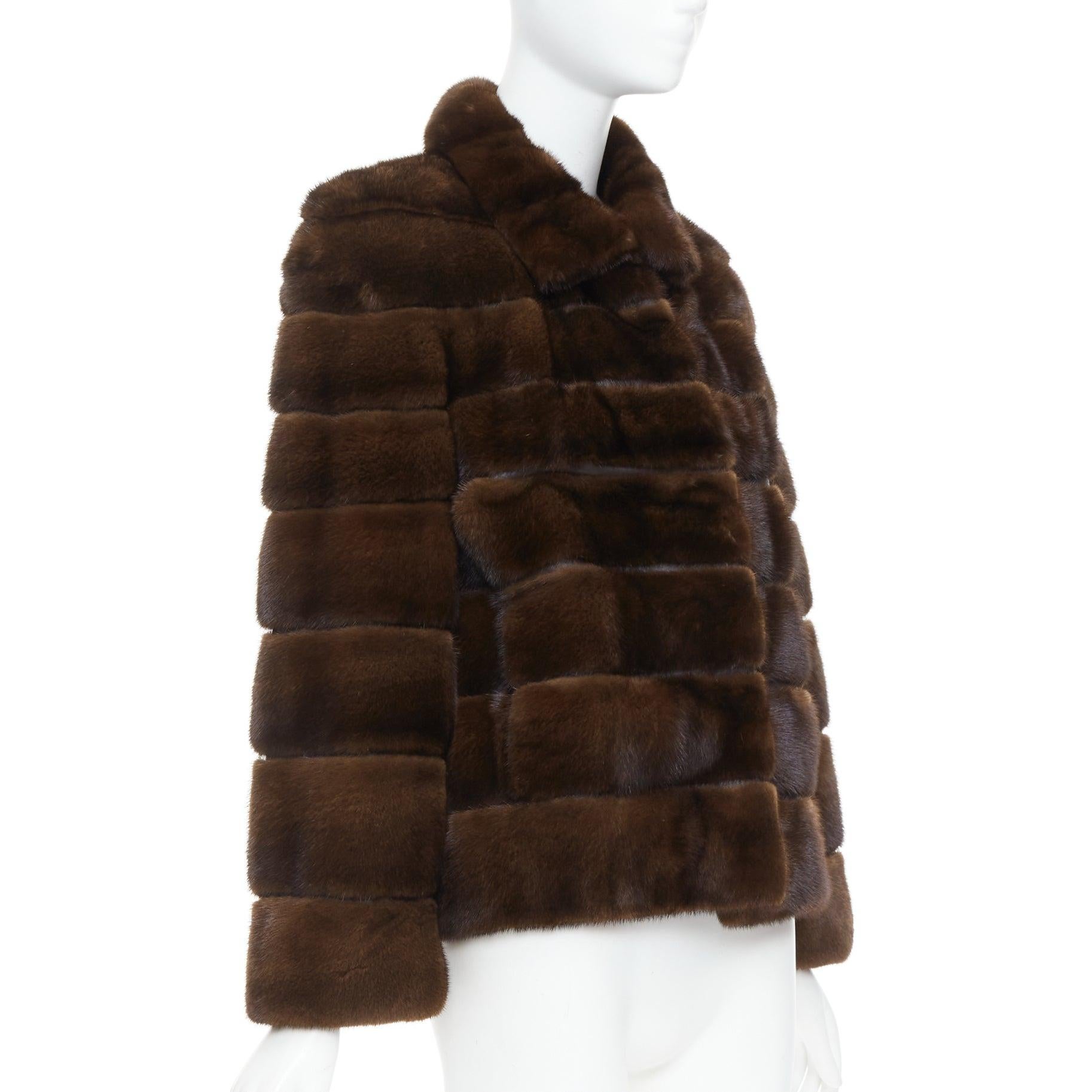 NO BRAND brown authentic tiered rare fur collared pocketed jacket In Excellent Condition For Sale In Hong Kong, NT