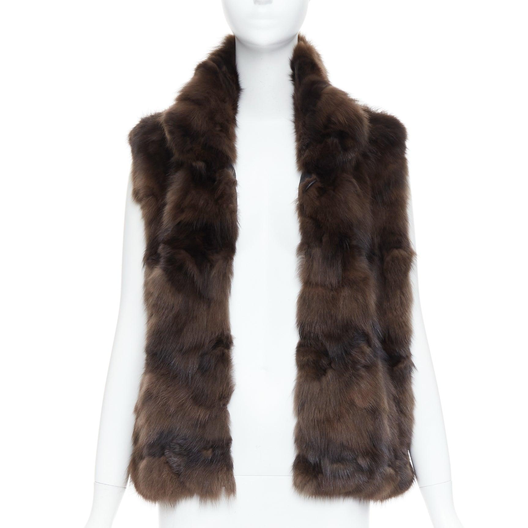 Black NO BRAND brown genuine fur collared pocketed vest gilet For Sale
