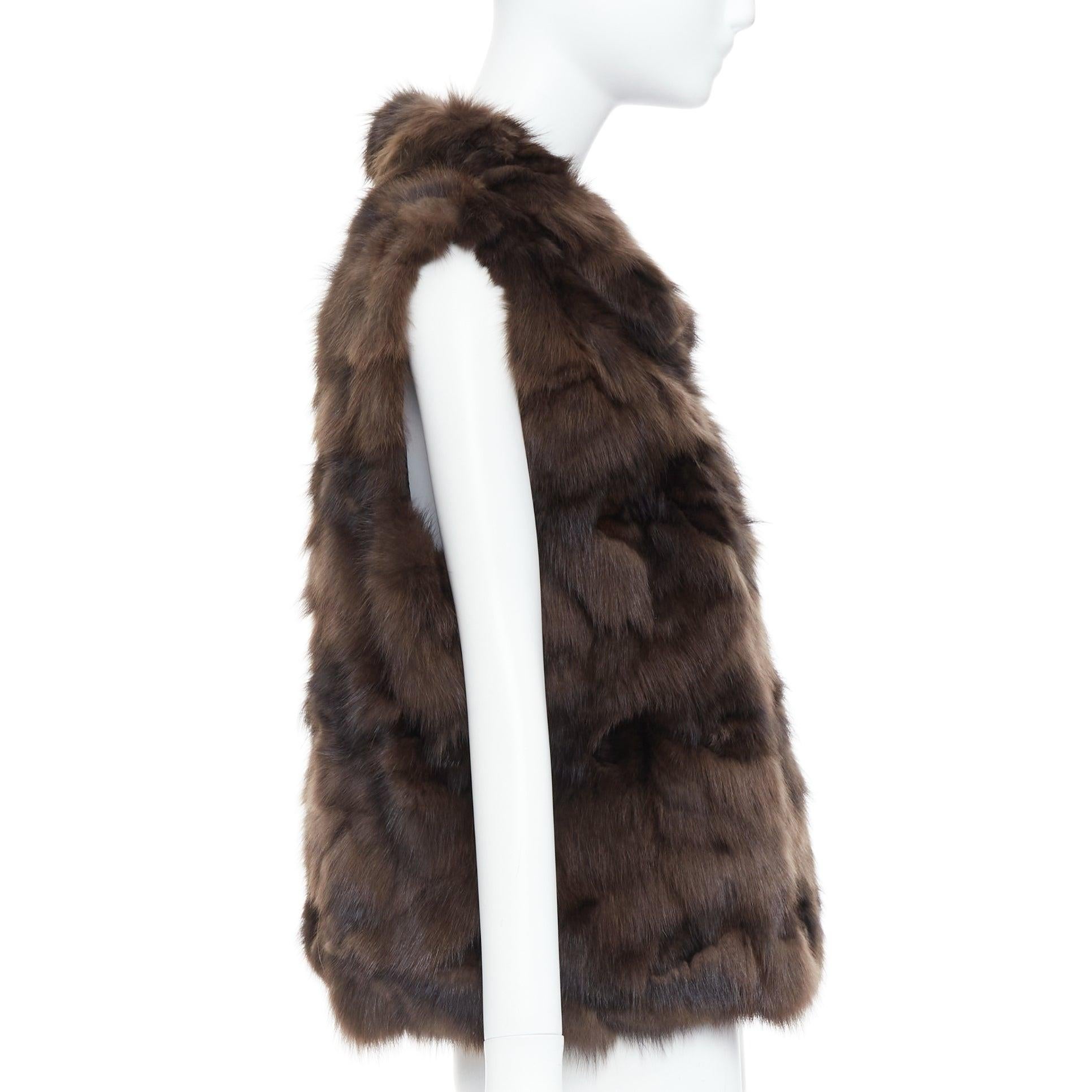Women's NO BRAND brown genuine fur collared pocketed vest gilet For Sale