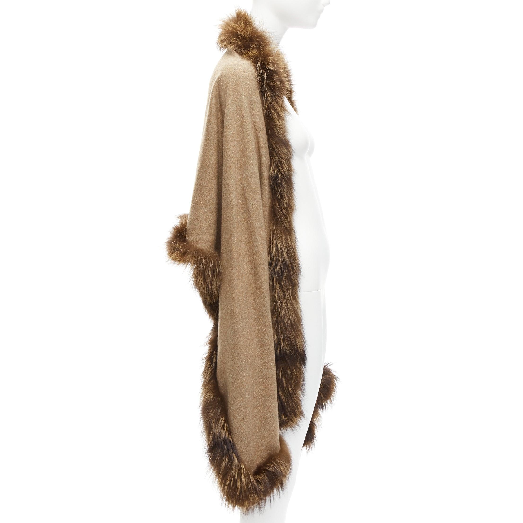 Brown NO BRAND brown real fur trim soft wool rectangular shawl scarf For Sale