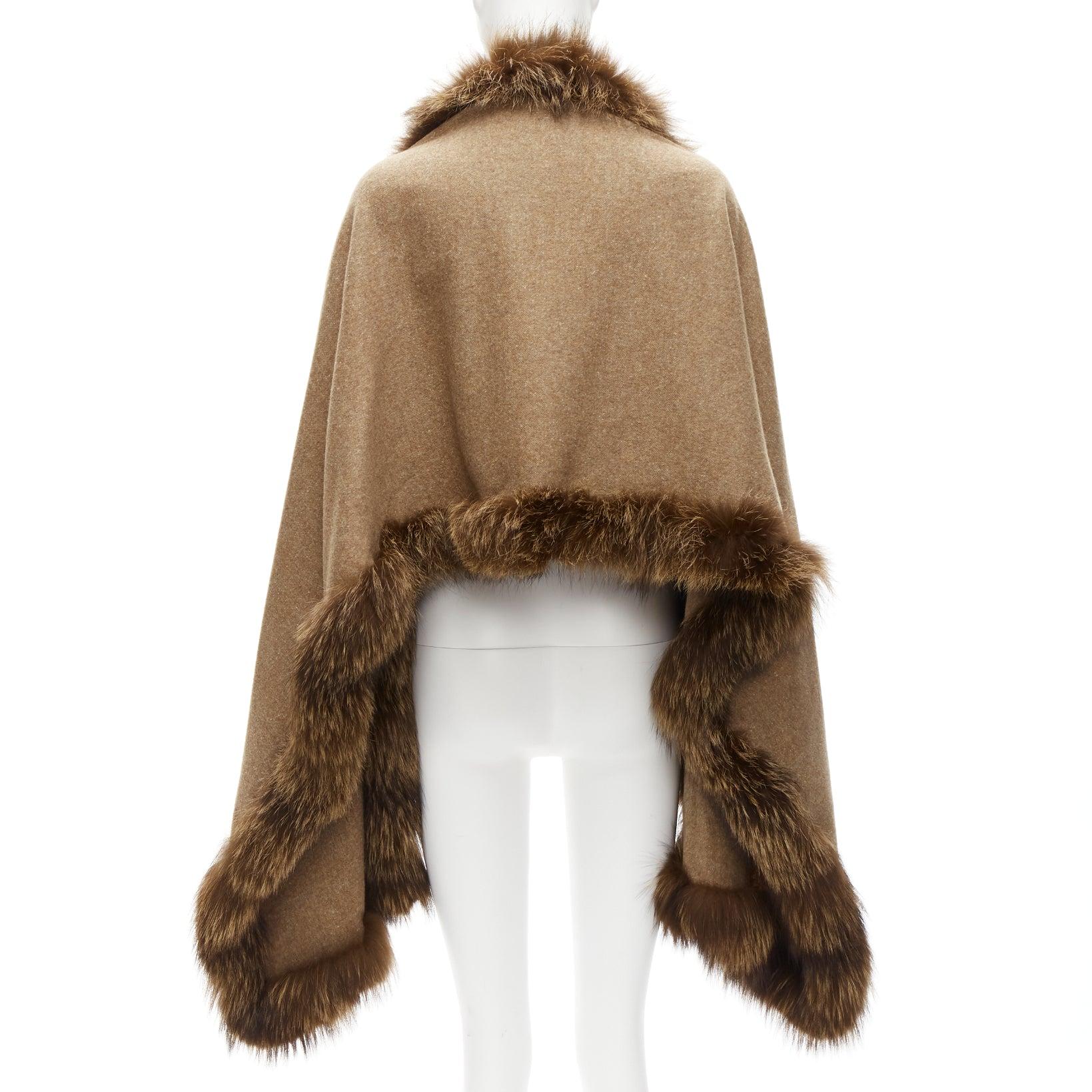 Women's NO BRAND brown real fur trim soft wool rectangular shawl scarf For Sale