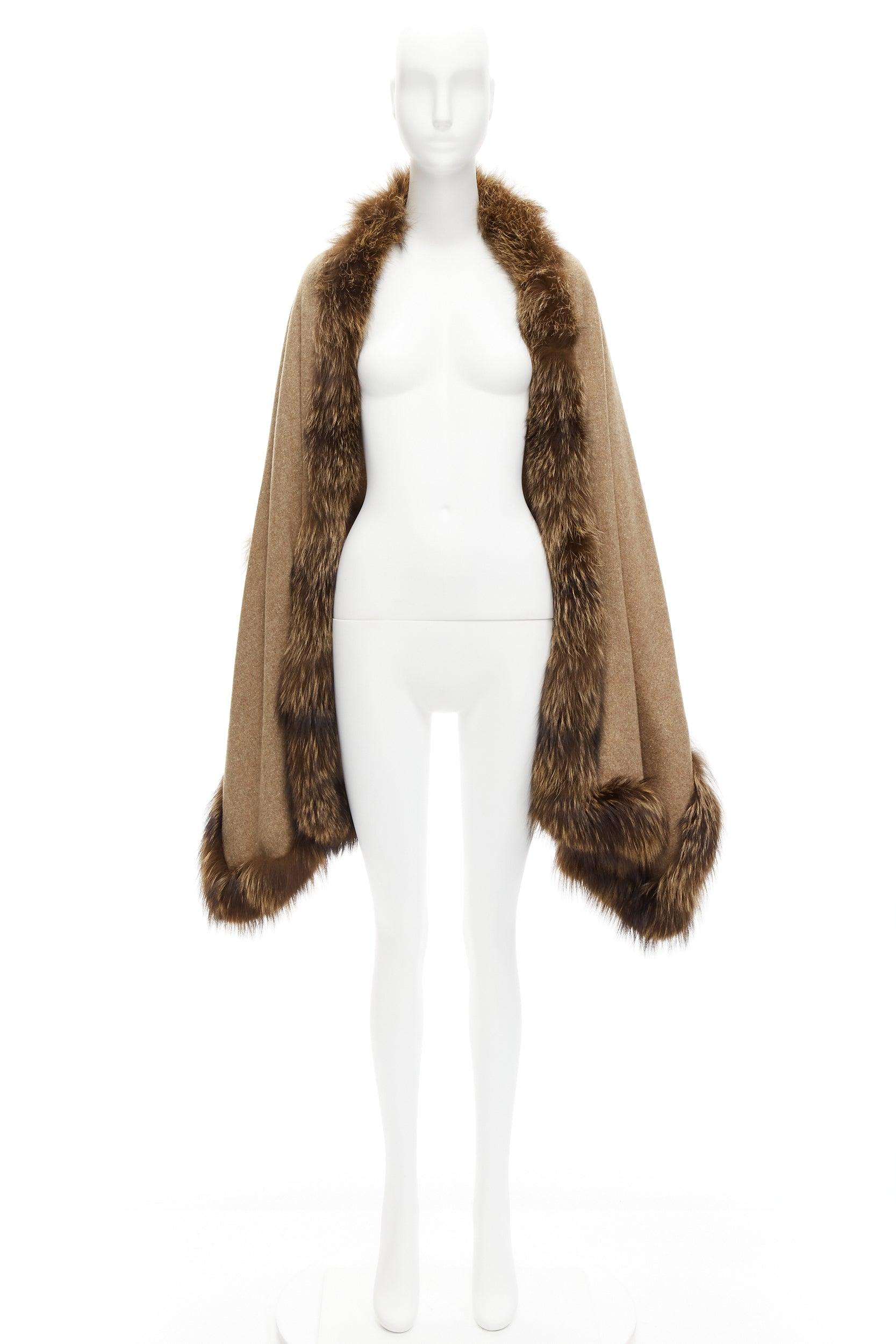 NO BRAND brown real fur trim soft wool rectangular shawl scarf For Sale 2