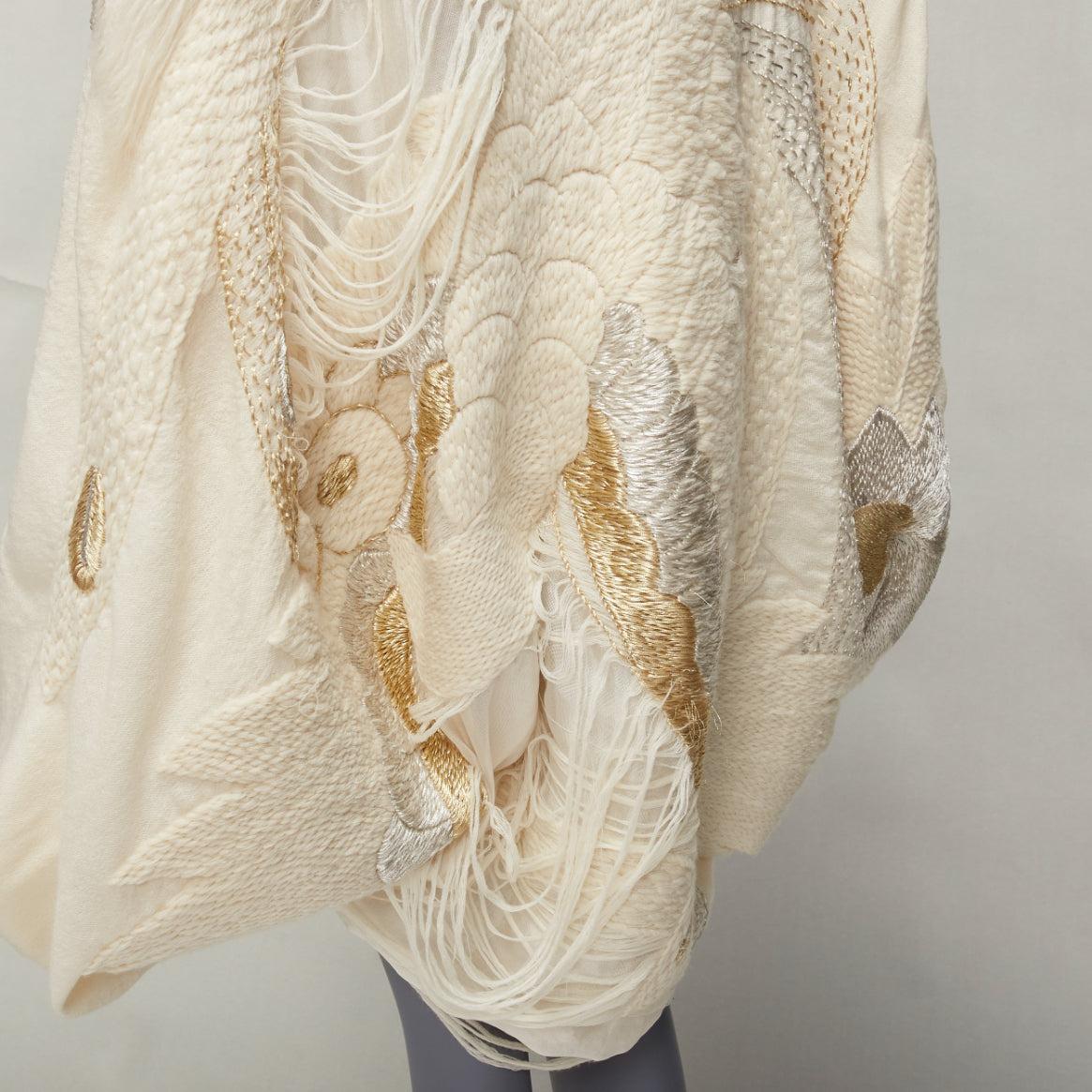 NO BRAND cream gold silver embroidery fringe applique oversized shawl For Sale 2