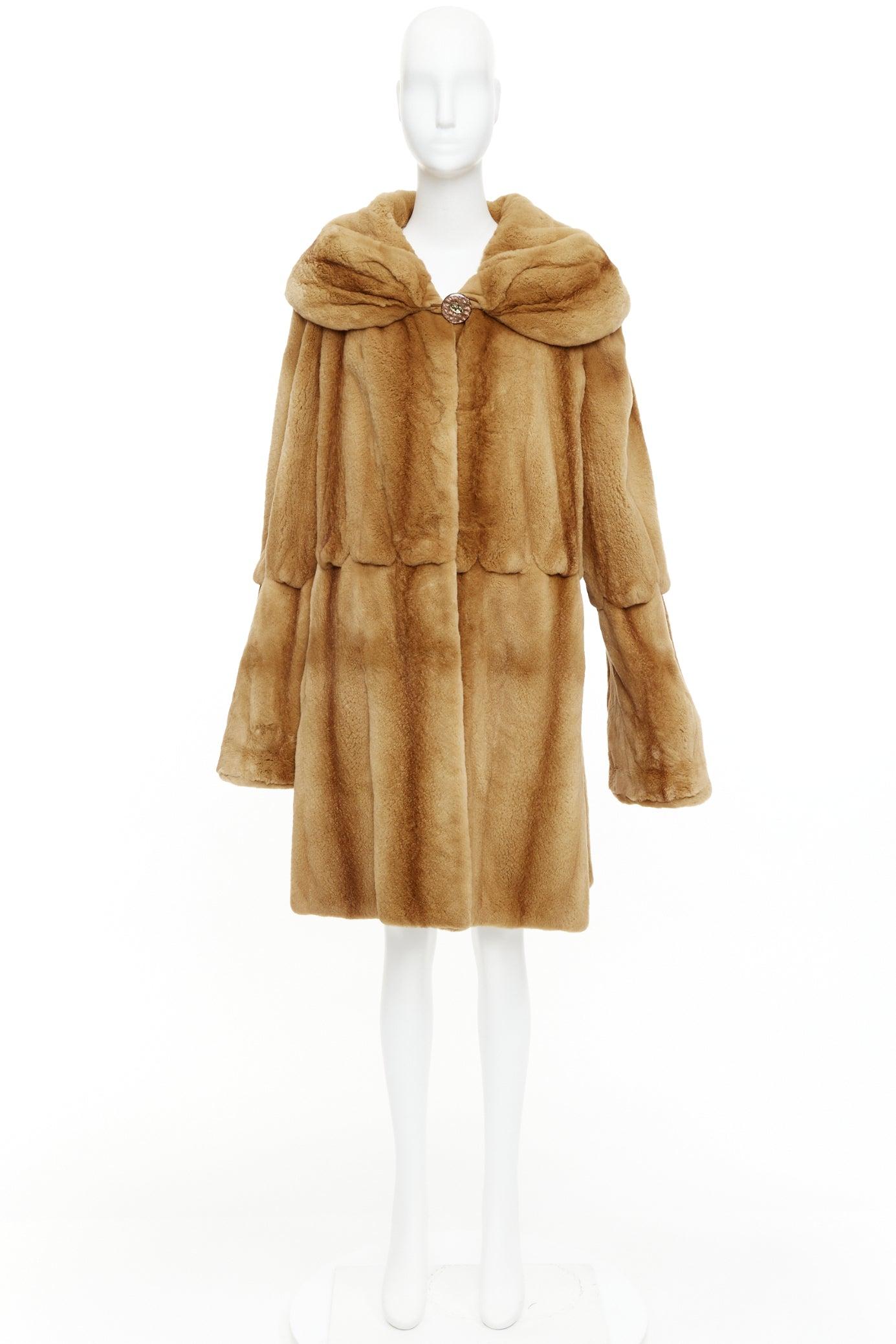 NO BRAND tan brown fur rounded shawl collar statement button long coat in vendita 1