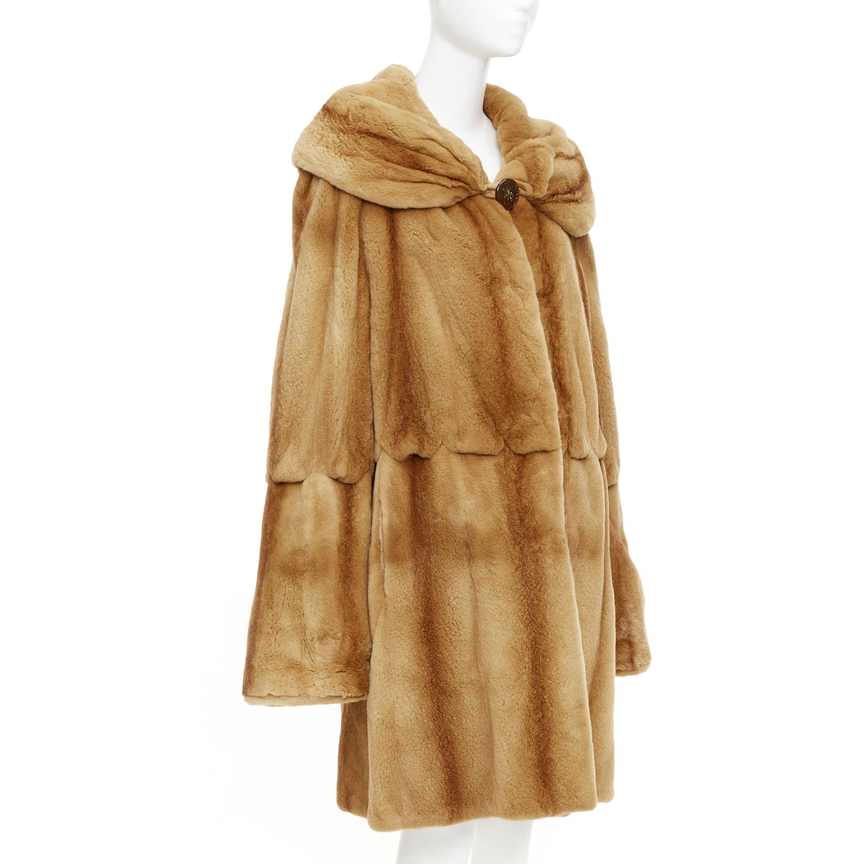 NO BRAND tan brown fur rounded shawl collar statement button long coat in vendita 2