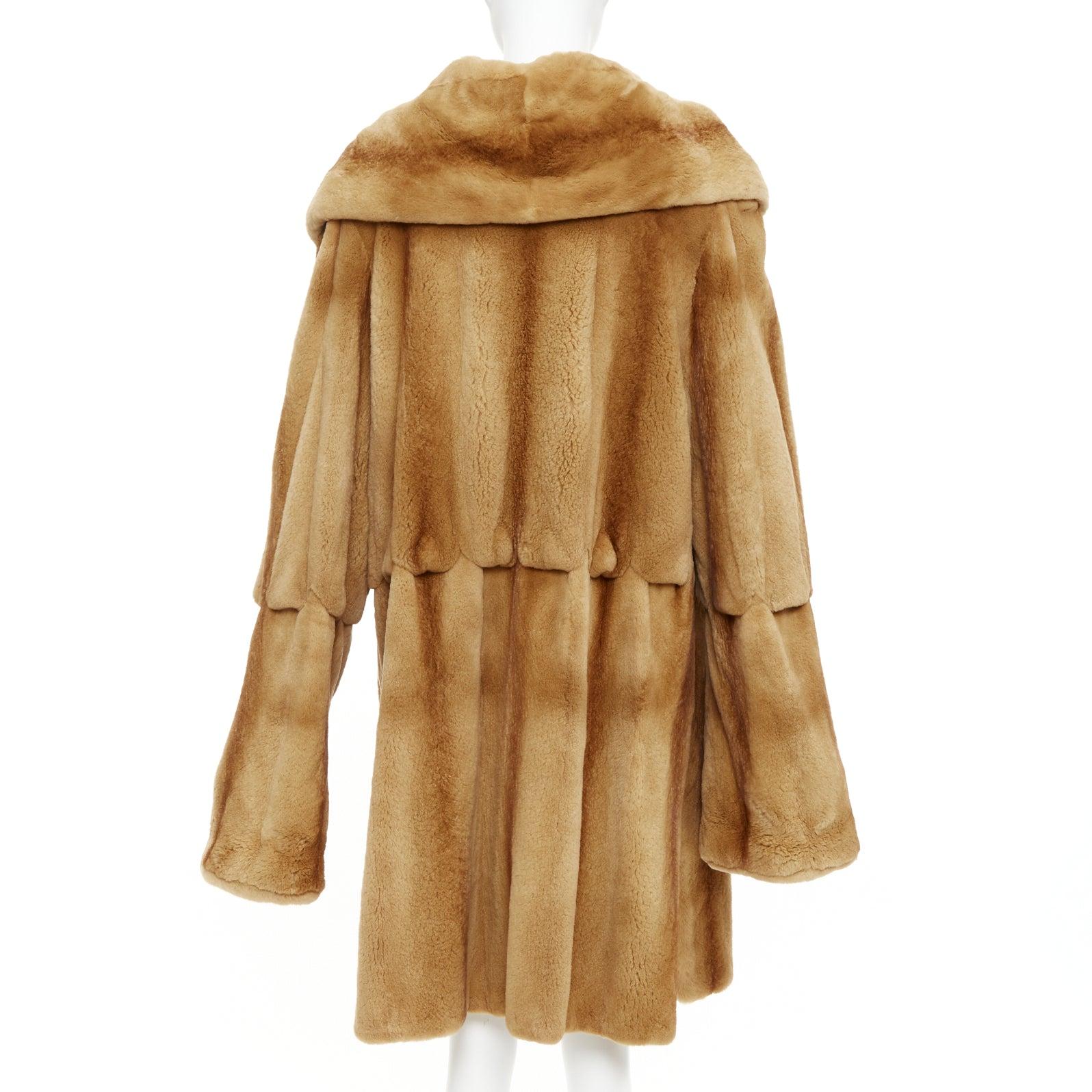 NO BRAND tan brown fur rounded shawl collar statement button long coat in vendita 3