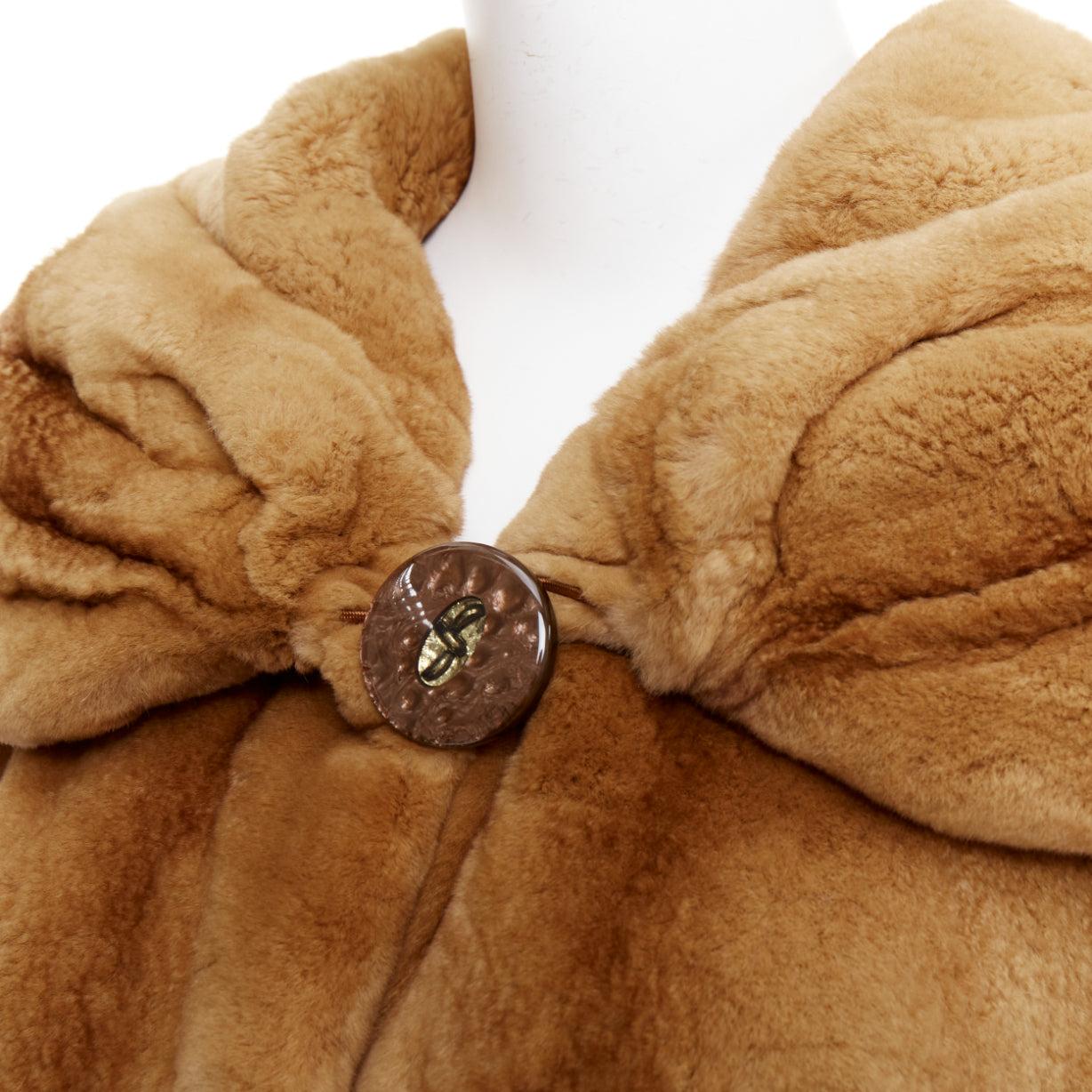 NO BRAND tan brown fur rounded shawl collar statement button long coat in vendita 4