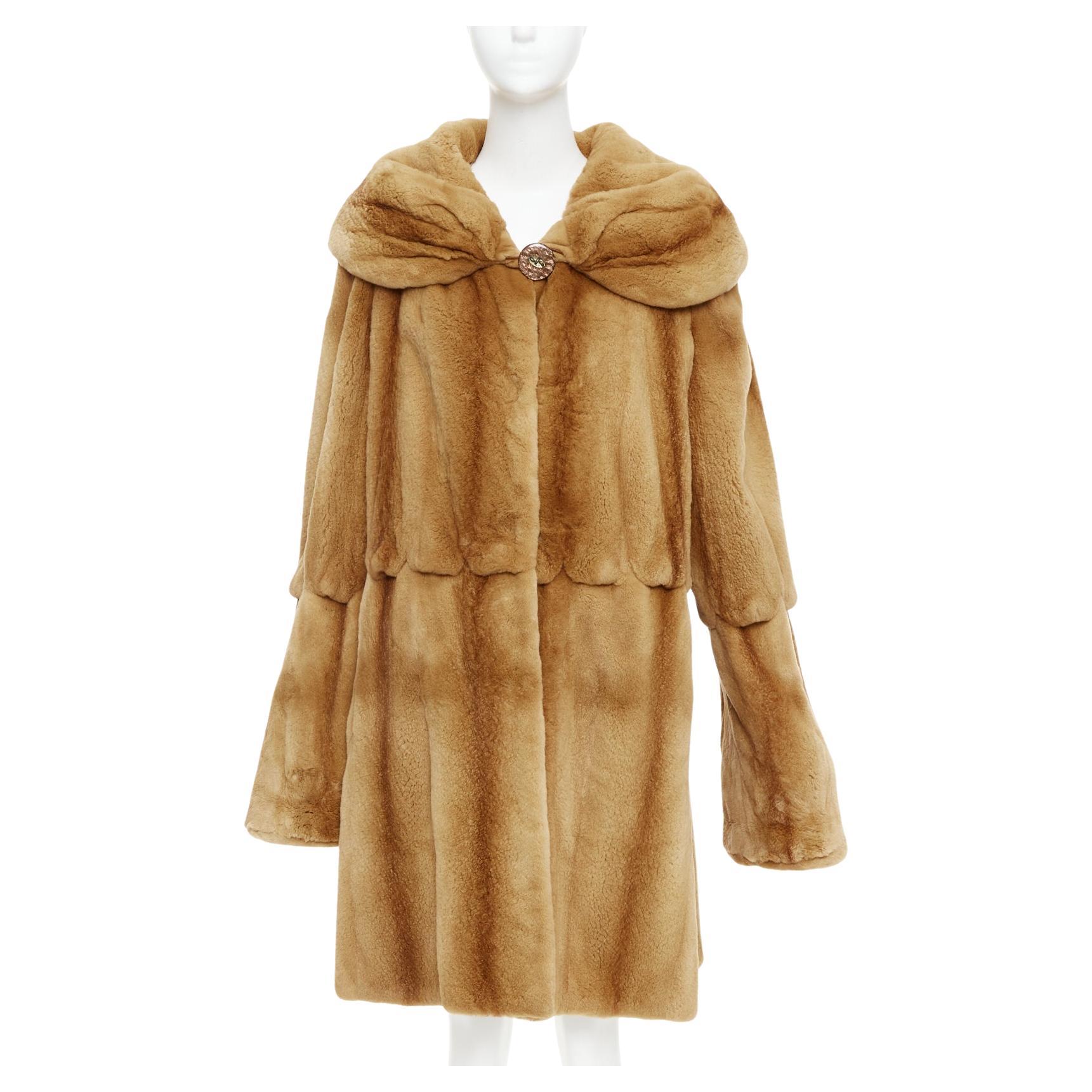 NO BRAND tan brown fur rounded shawl collar statement button long coat