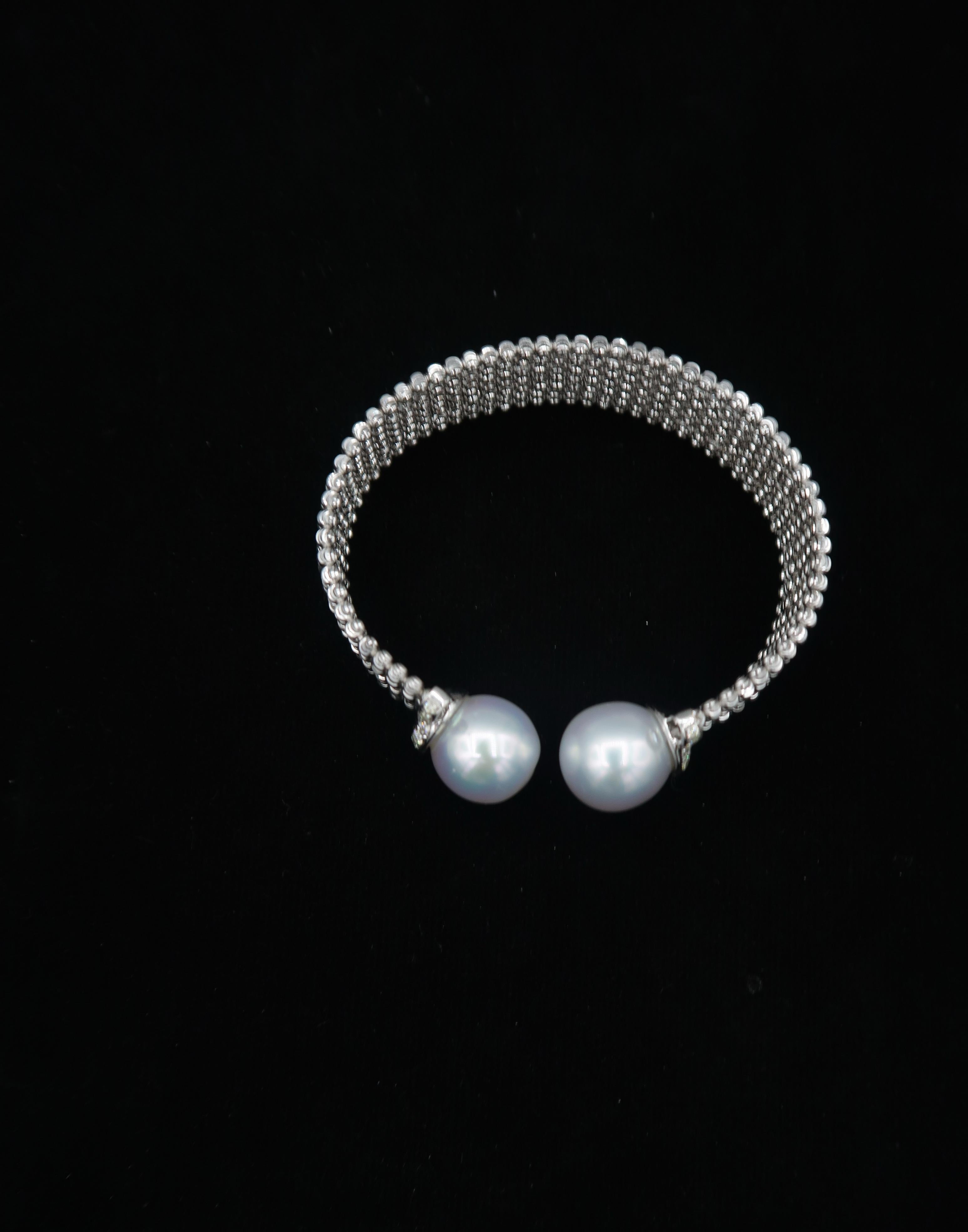 Women's Easy-to-Wear Spring Open Bangle in 18K Gold w/ Diamonds & White South Sea Pearls For Sale