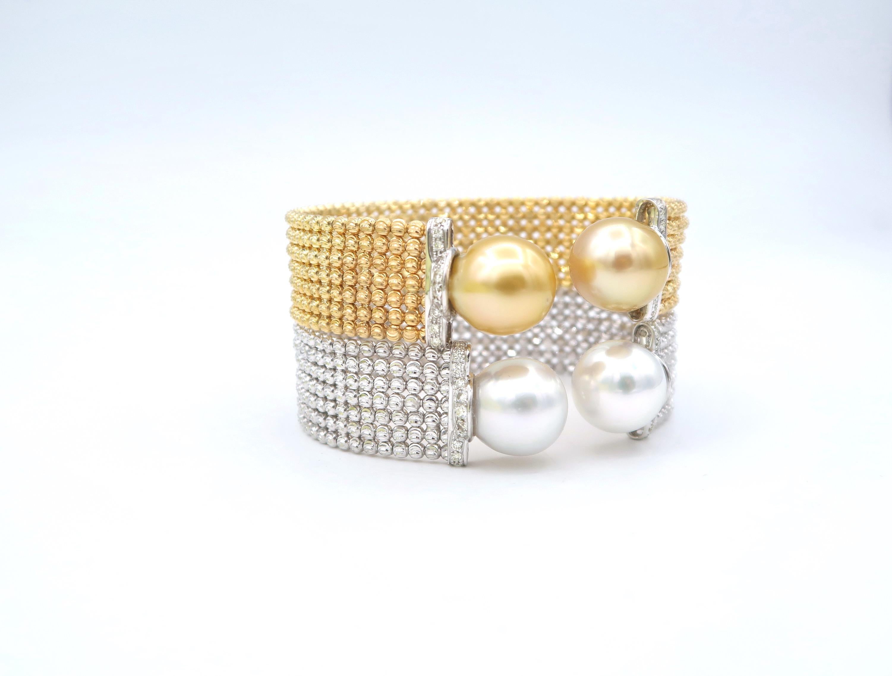 Easy-to-Wear Spring Open Bangle in 18K Gold w/ Diamonds & White South Sea Pearls For Sale 1