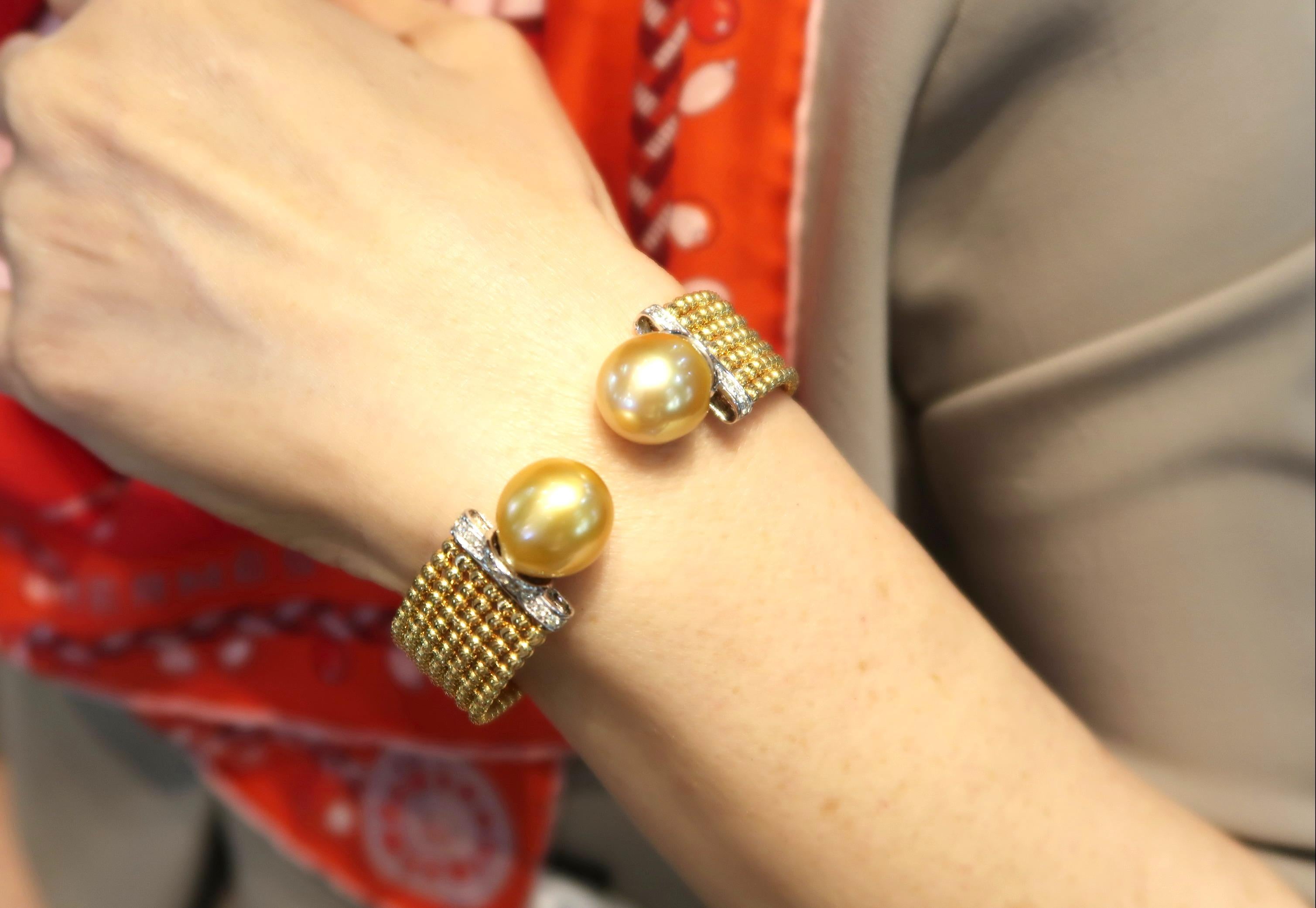 Easy-to-Wear Spring Open Bangle in 18K Gold w/ Diamonds & Gold South Sea Pearls For Sale 6