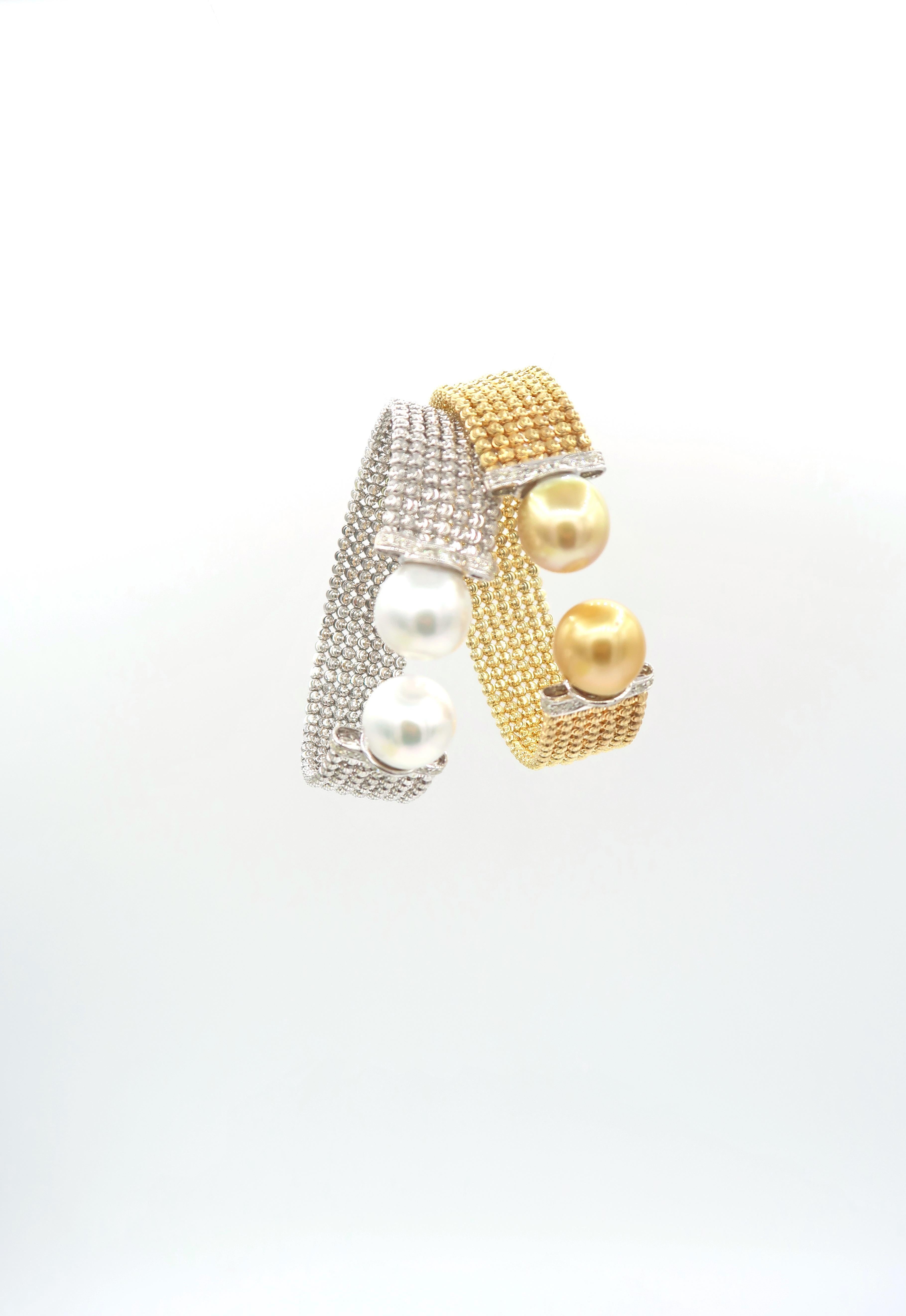 Easy-to-Wear Spring Open Bangle in 18K Gold w/ Diamonds & Gold South Sea Pearls For Sale 8