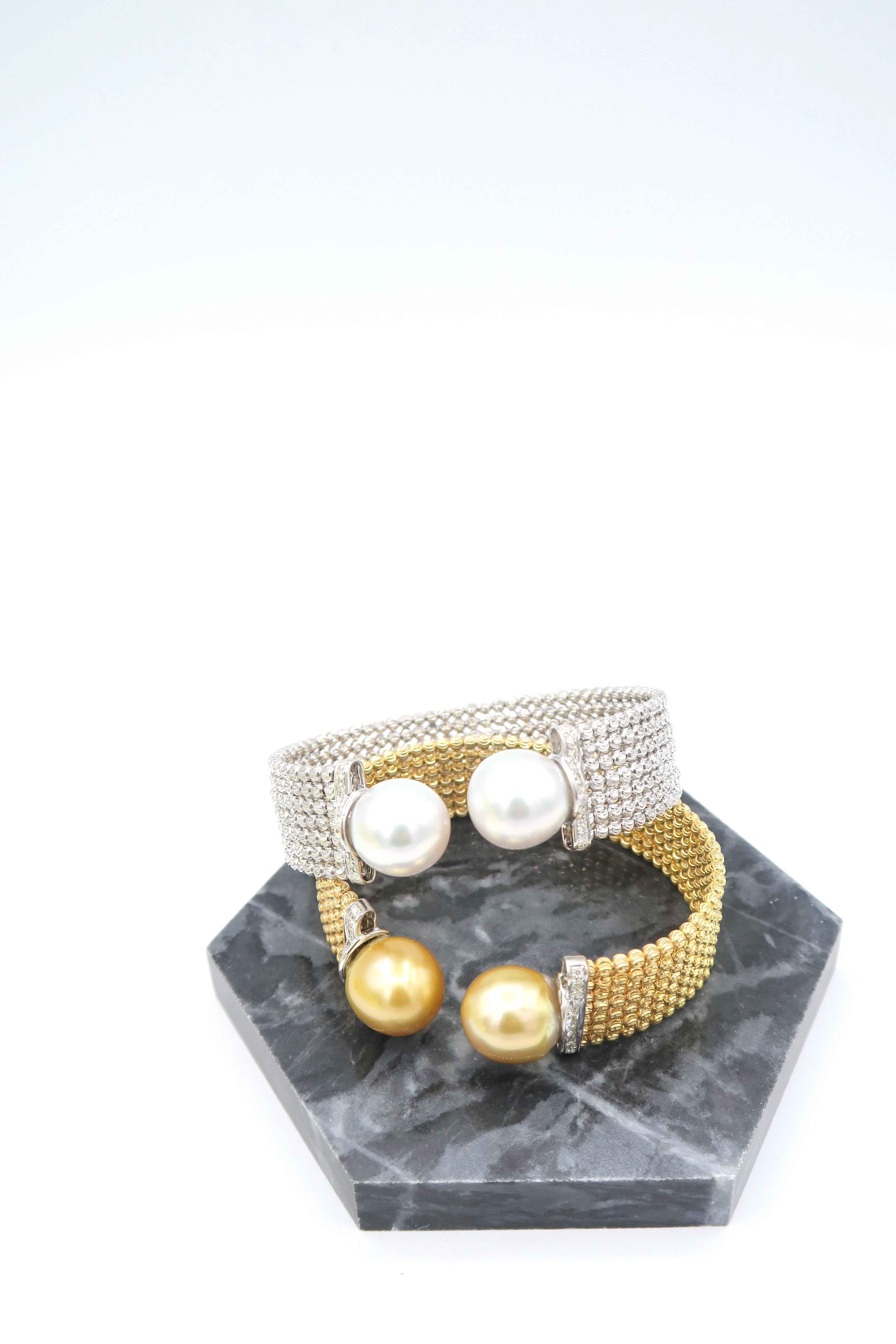Easy-to-Wear Spring Open Bangle in 18K Gold w/ Diamonds & Gold South Sea Pearls For Sale 10