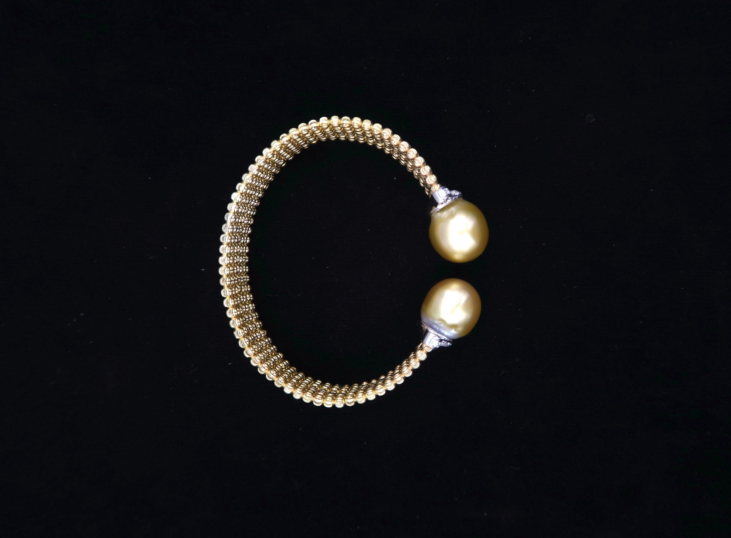 Women's Easy-to-Wear Spring Open Bangle in 18K Gold w/ Diamonds & Gold South Sea Pearls For Sale