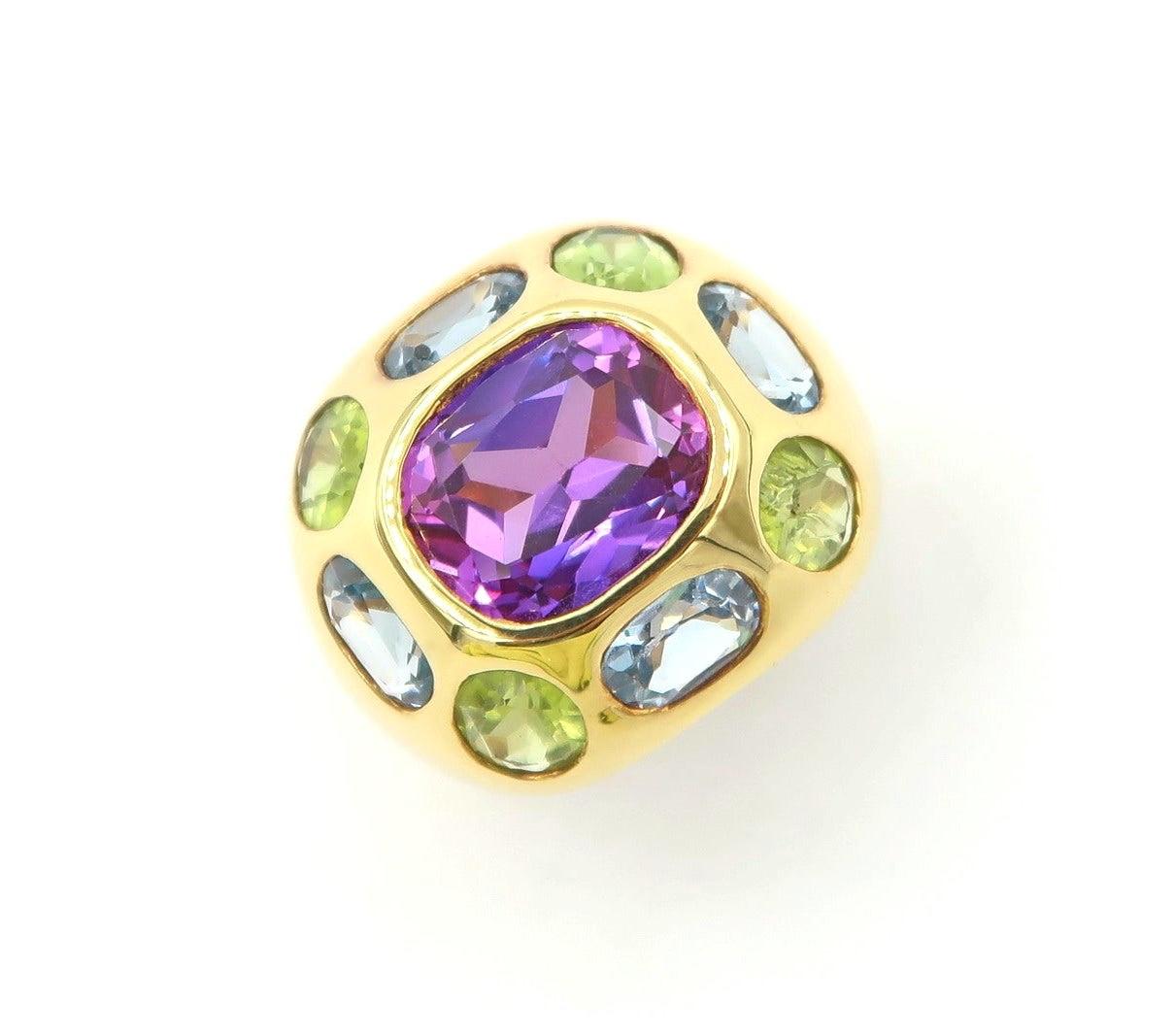 Contemporary No Diamond Mayfield Amethyst Peridot Blue Topaz 18K Yellow Gold Cocktail Ring For Sale