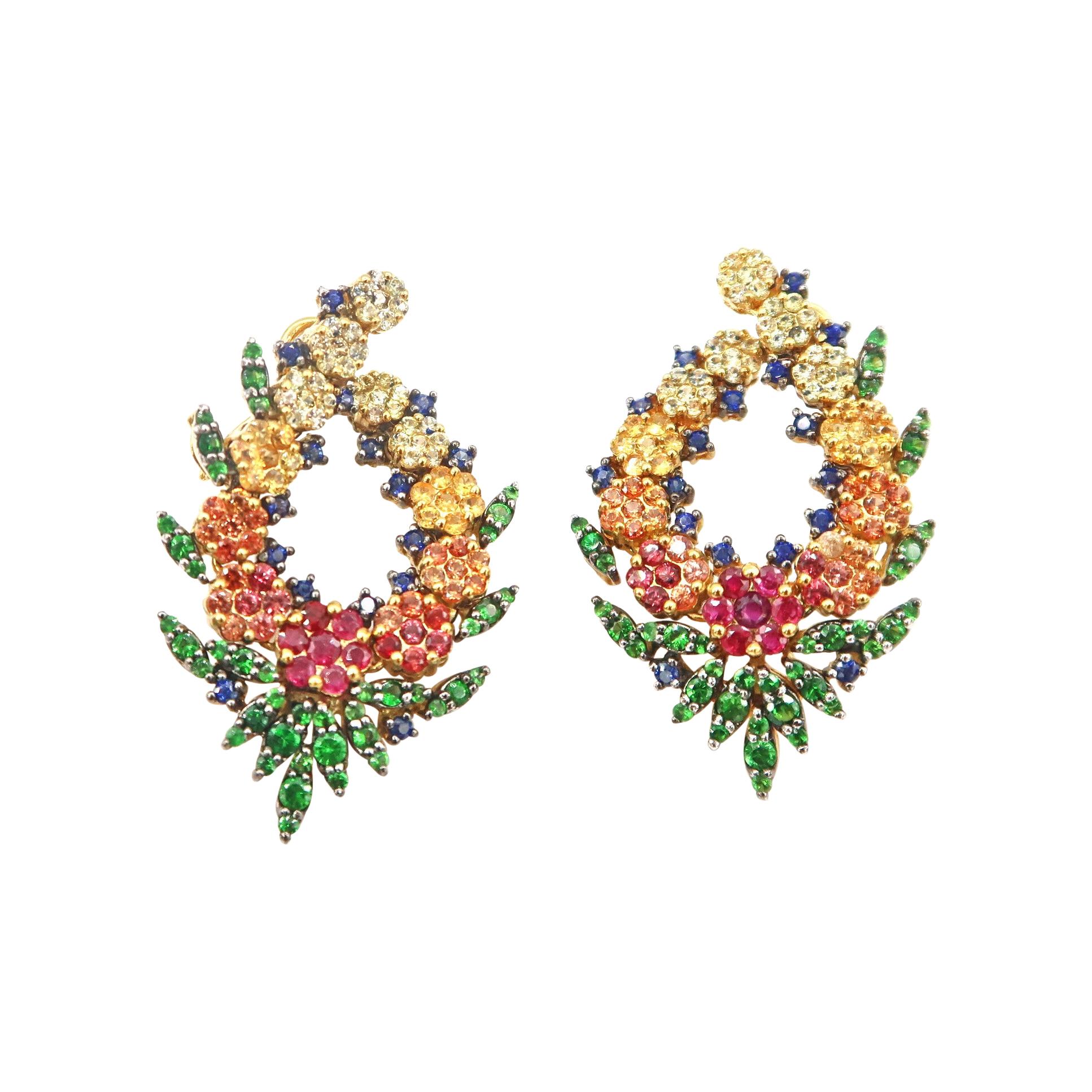 No Diamond Multi-Color Sapphire Ruby Flower Wreath Gold Clip-On Earrings