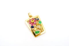 No-Diamond Multi-Colour Sapphire Ruby Emerald Flower Terrarium 18K Gold Pendant