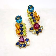 No Diamond Sapphire Multi-Color Semi Precious Mismatched Dangle Gold Earrings
