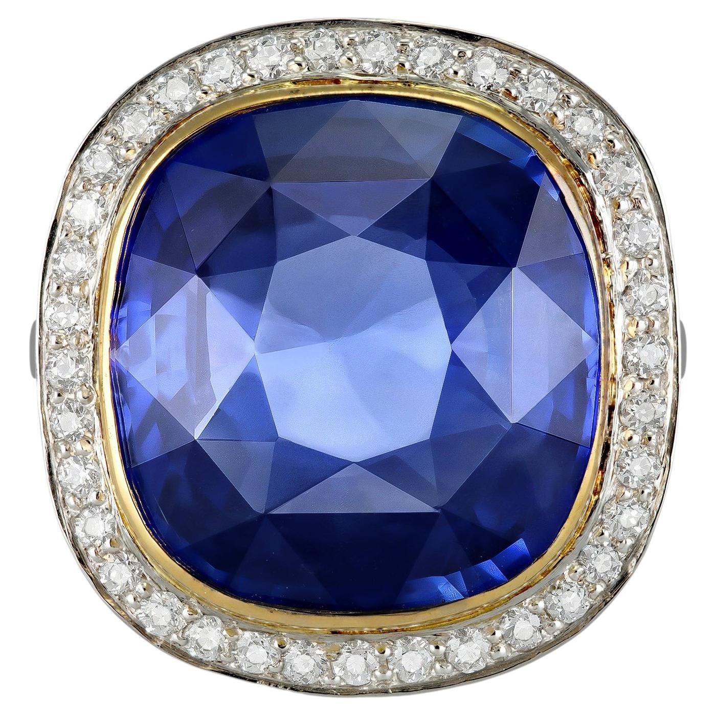 No Heat 14.70 carat Ceylon Sapphire and Diamond Coronet Cluster Ring, circa 1935