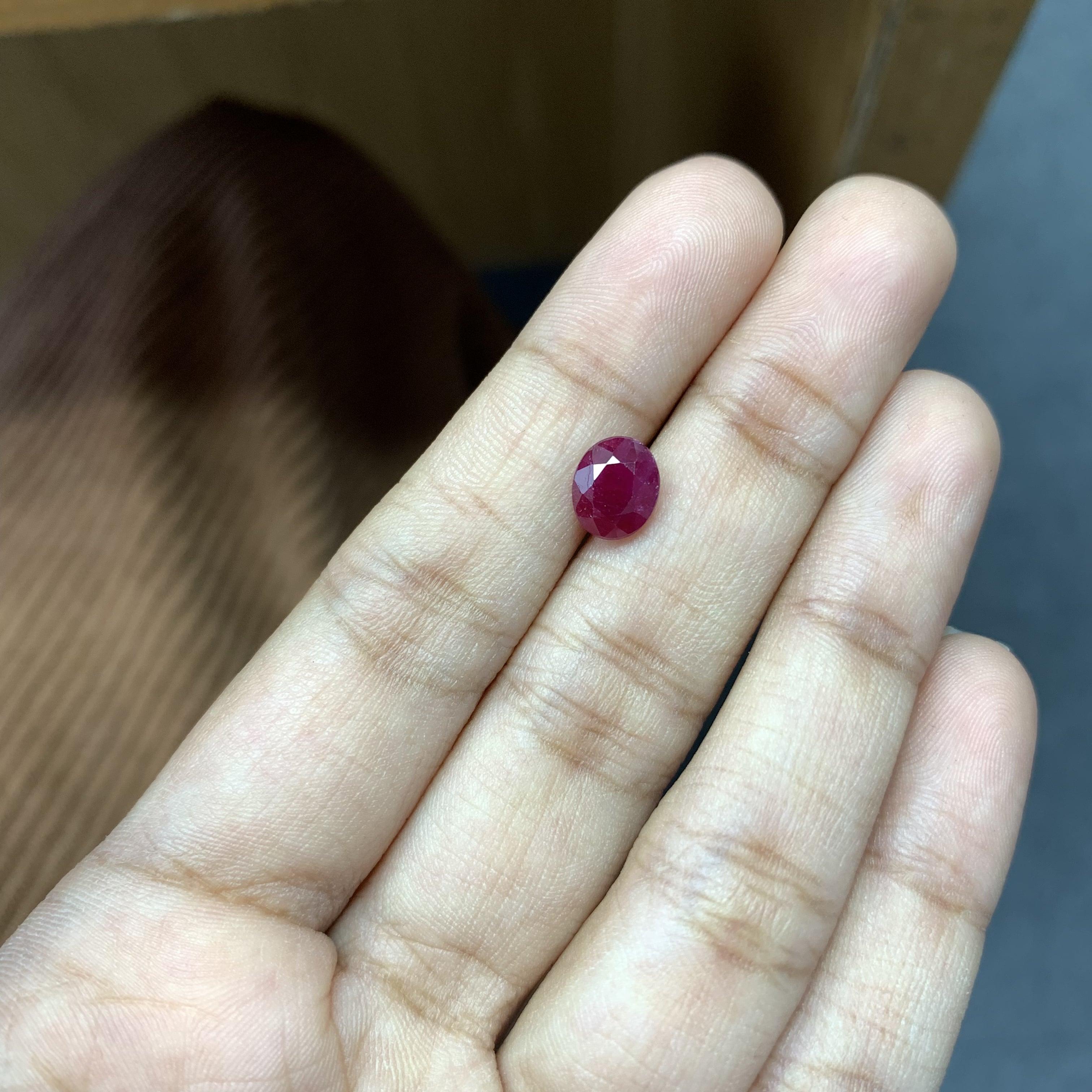 A stunning 1.78 Carat Ruby gemstone. It is completely natural and hasn't undergone any form of treatment. The ruby is an oval shape and it has a pigeon blood color that is absolutely gorgeous!

The measurements of the Ruby stone are 7.80 x 6.52 x