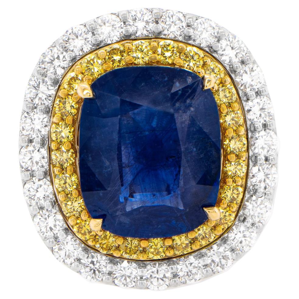 No Heat 18 Carat Sapphire Ring with Double Diamond Halo For Sale