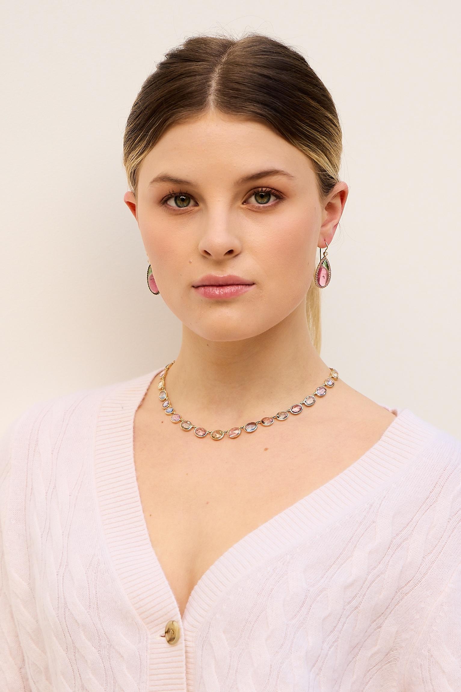 Beautiful and Perfect 18k Yellow gold tennis necklace with different colored oval sapphires set in bezel setting. 
Stones are gem quality with amazing color to them.

This setting is beautiful and delicately handcrafted to showcase the amazing color