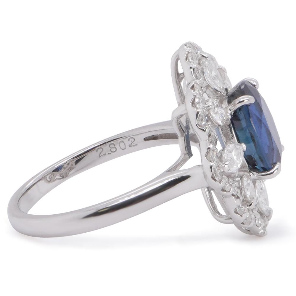 A Certified No Heat 2.80 carat blue sapphire is set along side 1.01 carat of white brilliant round diamond in this Platinum PT 900 engagement ring.
Sapphires that have not undergone any color or clarity enhancement along the supply chain (mine to