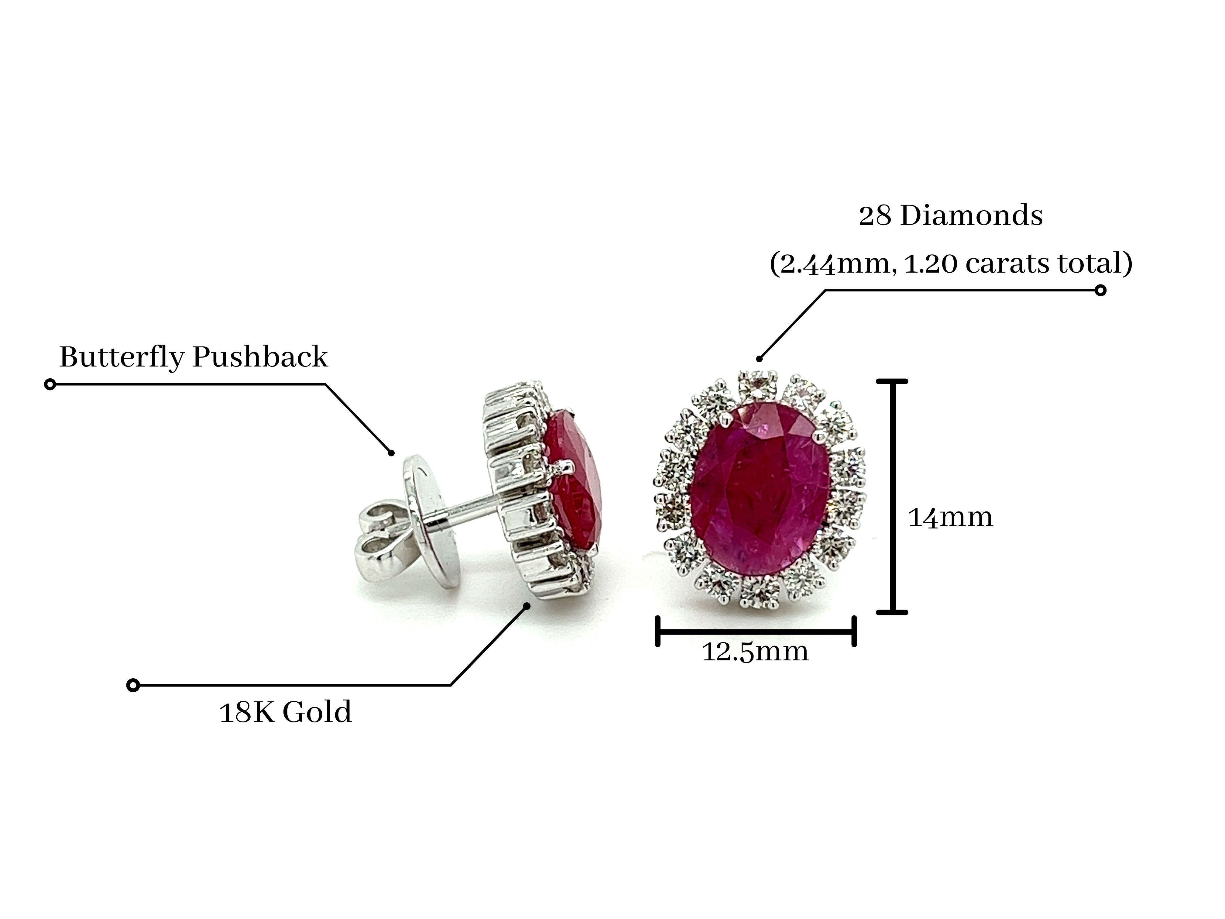 No heat, untreated oval cut pair of Rubies set in a round cut diamond halo. Mounted in 18-karat white gold with butterfly push-back posts. These Rubies bear excellent color and luster, an especially incredible feat considering they're not treated.