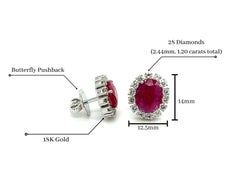 No Heat 3 Carat Oval Cut Ruby and Diamond Halo Stud Earrings in 18K White Gold