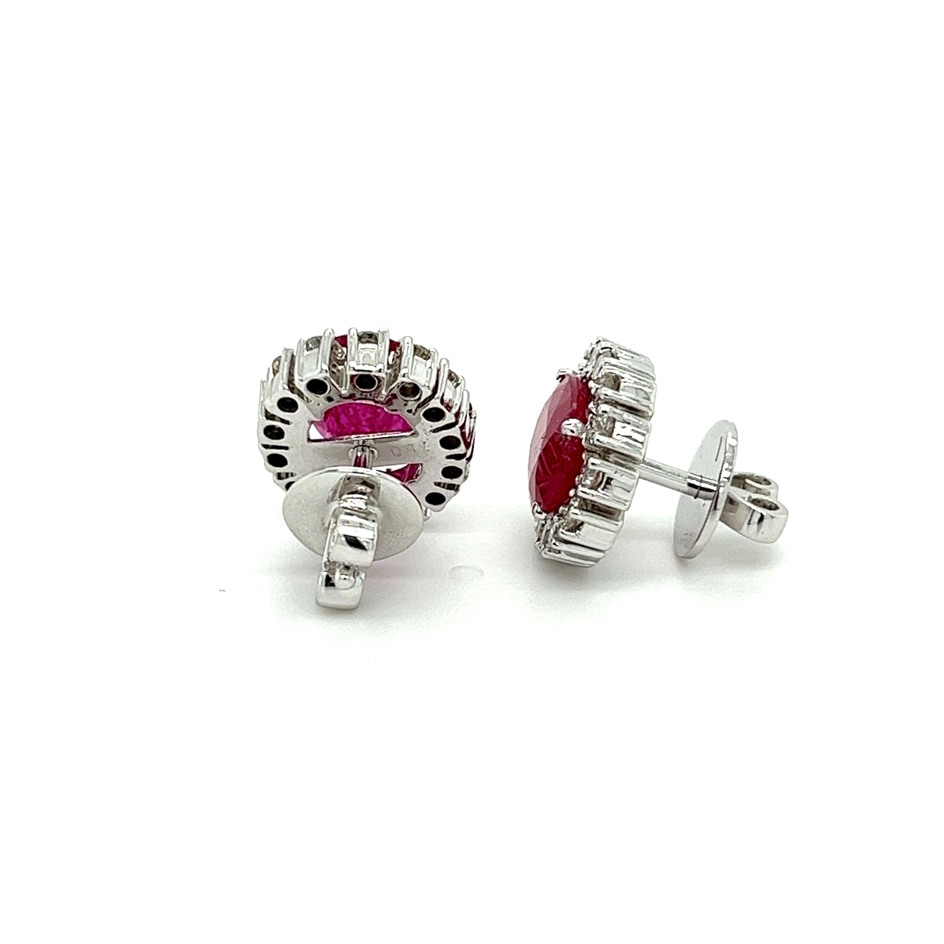 Art Deco No Heat 3 Carat Oval Cut Ruby and Diamond Halo Stud Earrings in 18K White Gold For Sale
