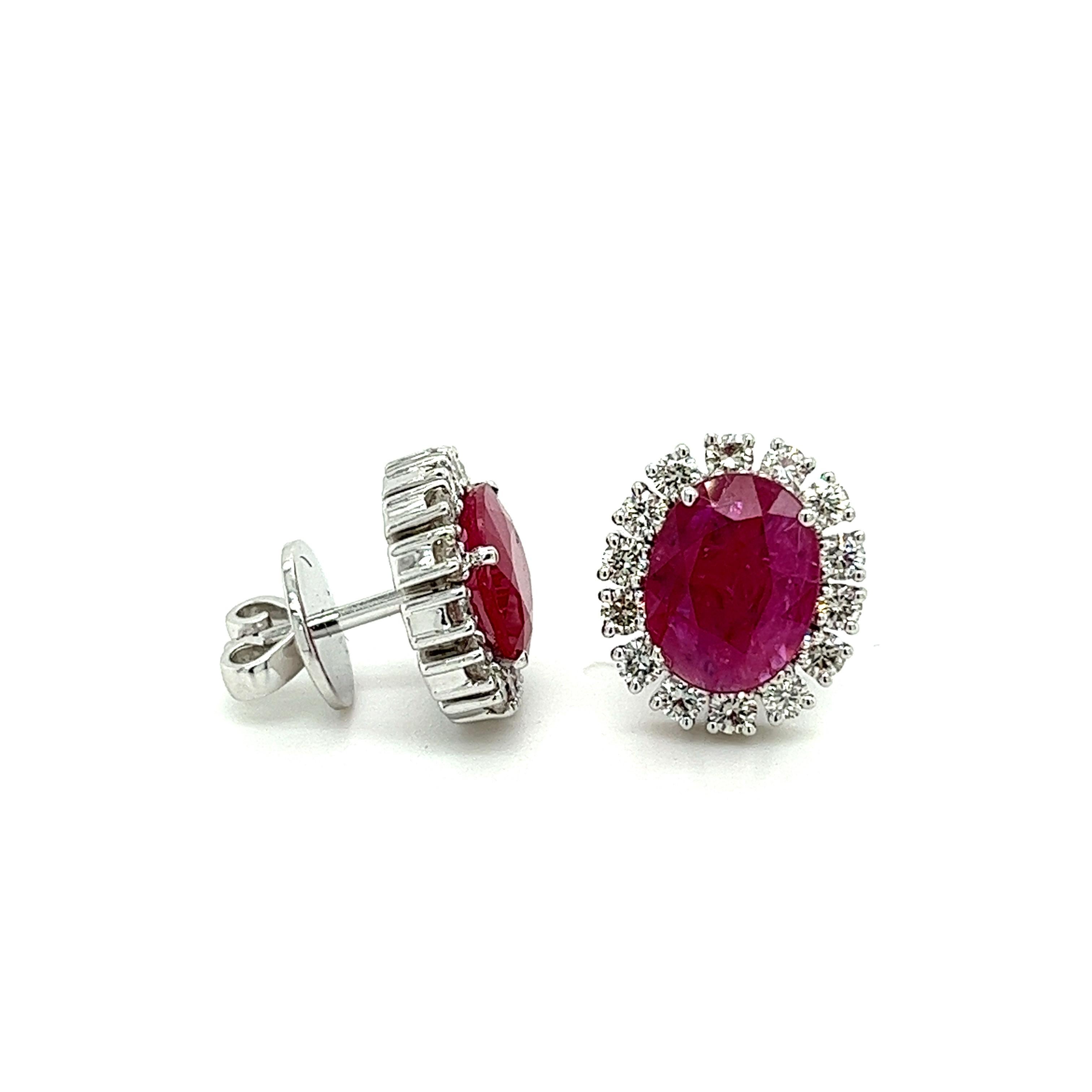 No Heat 3 Carat Oval Cut Ruby and Diamond Halo Stud Earrings in 18K White Gold In New Condition For Sale In Miami, FL