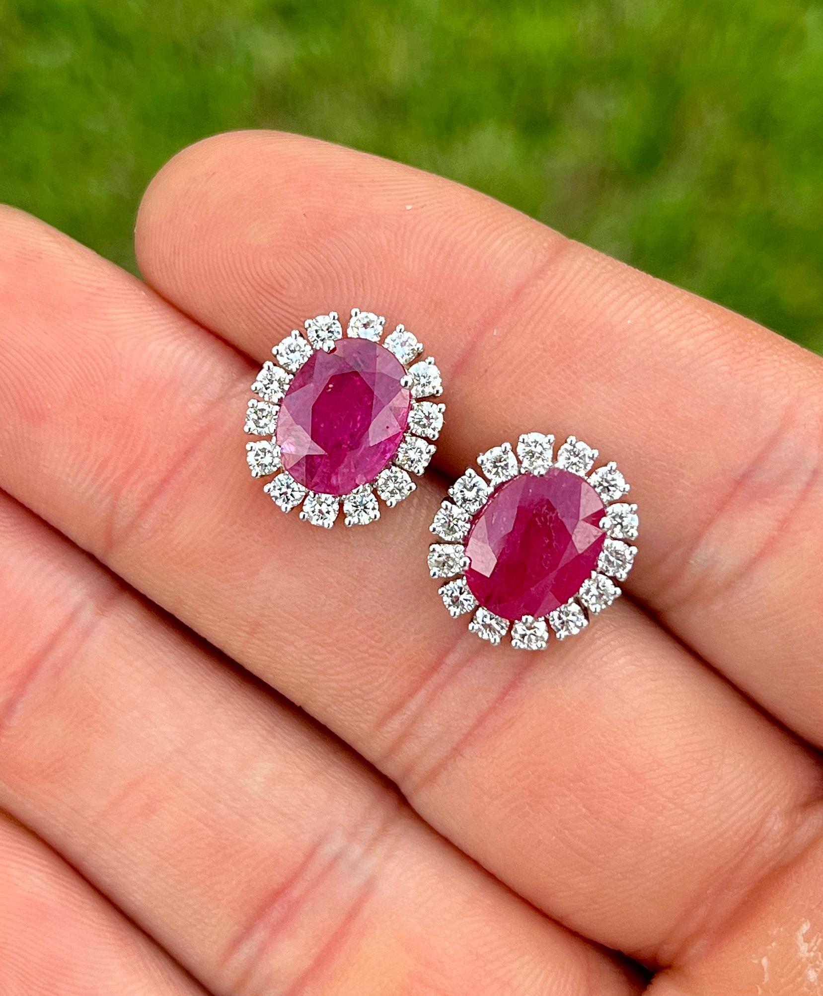 No Heat 3 Carat Oval Cut Ruby and Diamond Halo Stud Earrings in 18K White Gold For Sale 2