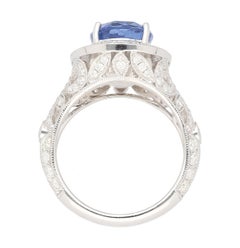 No Heat 4.84 Carat Blue Ceylon Sapphire with Diamonds in 18K Gold Ring