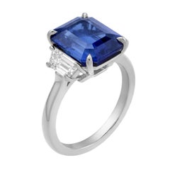 No-Heat 6.39 Ct Emerald-Cut Sapphire & Diamond Three-Stone Engagement Ring
